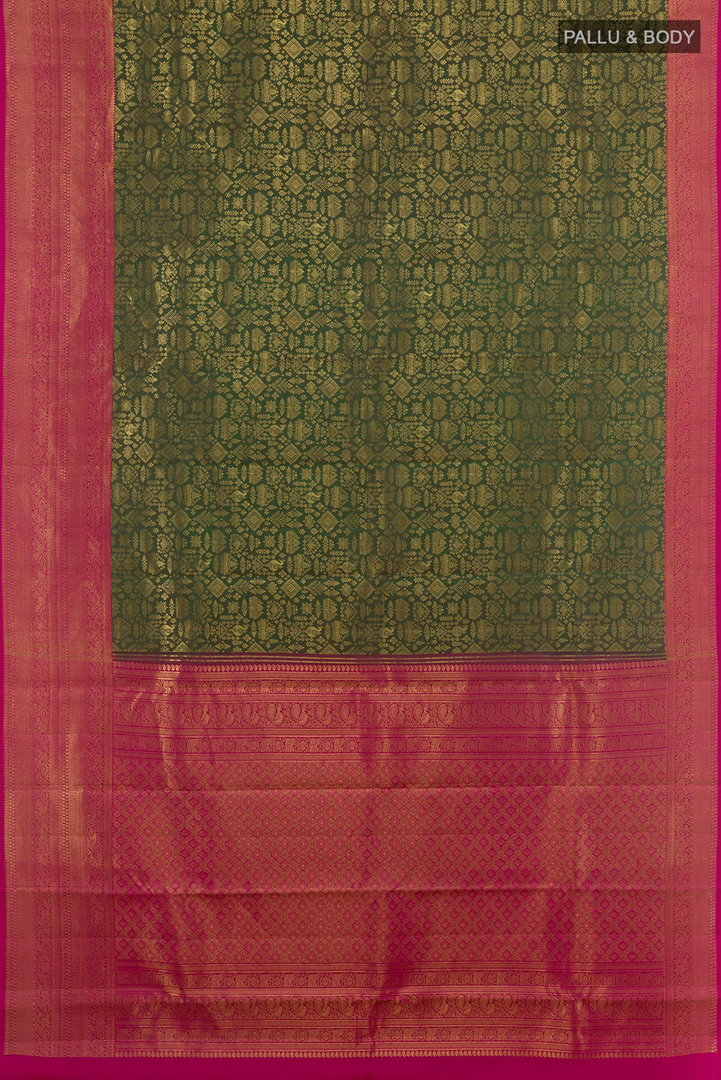 Flat view of Green Kanchipuram Silk Saree with Zari Brocade on the body and Zari Border. 