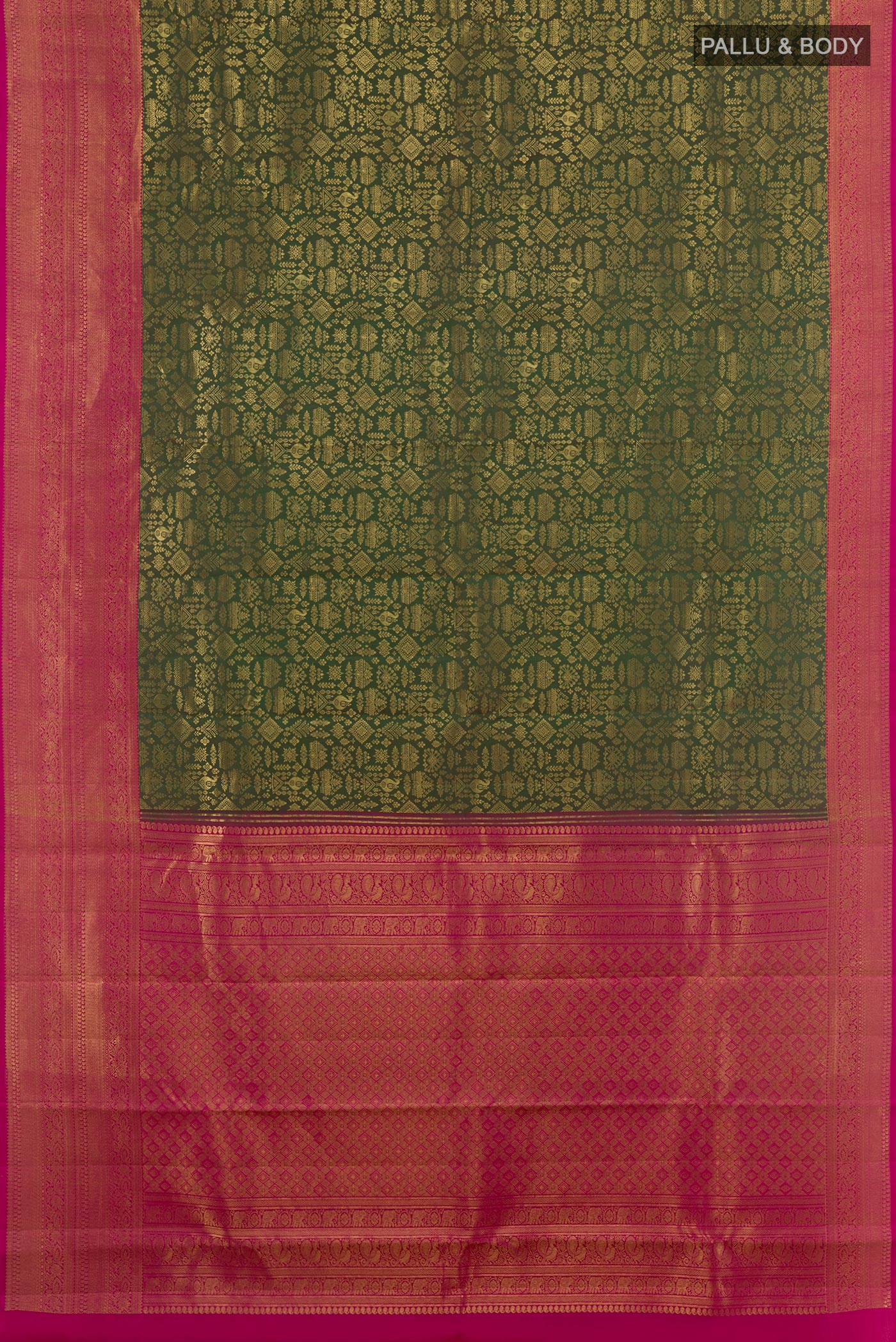 Flat view of Green Kanchipuram Silk Saree with Zari Brocade on the body and Zari Border. 