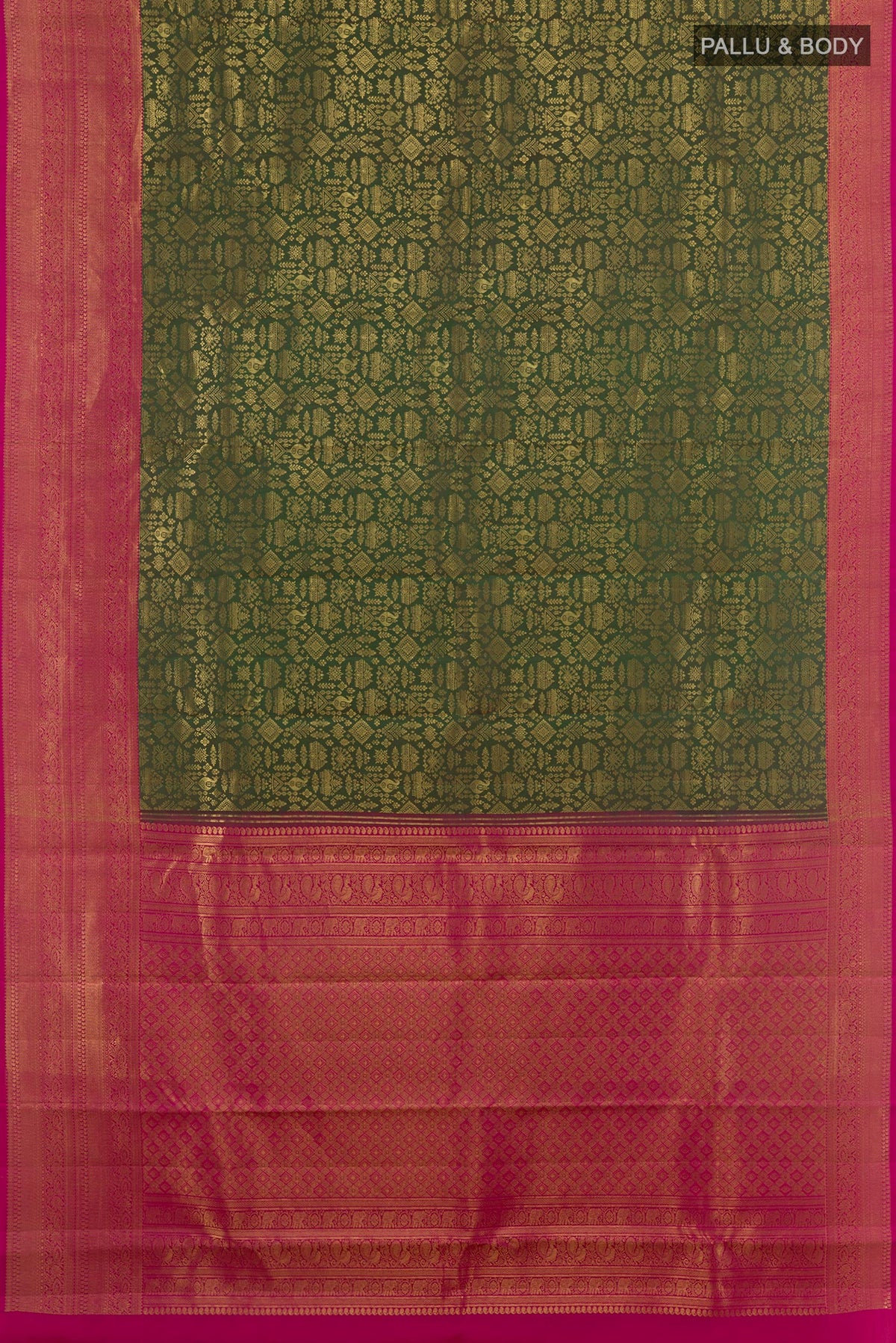 Flat view of Green Kanchipuram Silk Saree with Zari Brocade on the body and Zari Border. 