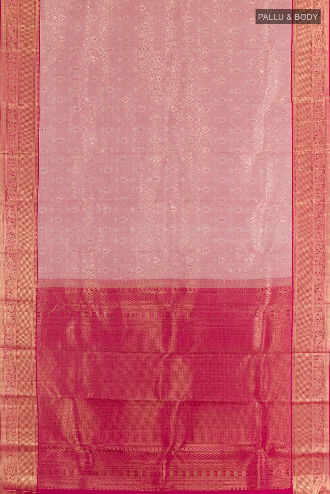 Flat view of Pink Kanchipuram Silk Saree with Zari Brocade on the body and Zari Border. 