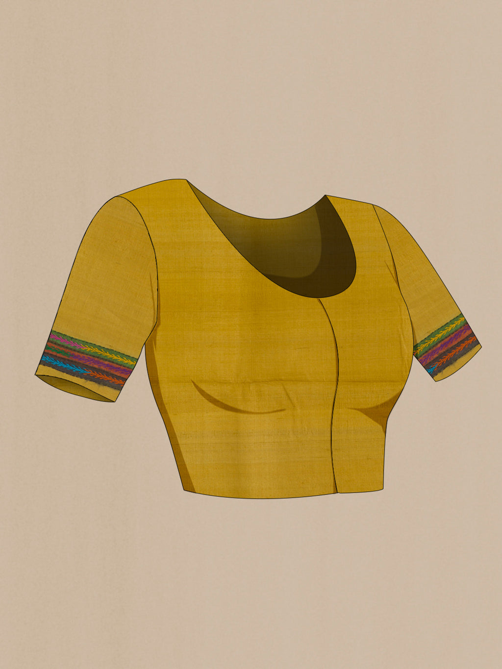 Close up image of the blouse of Mehandi Green Tussar Saree with Kantha Work on the body and Embroidery Border. 