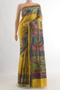 Mehandi Green Tussar Saree with Kantha Work on the body and Embroidery Border.  displayed on a mannequin