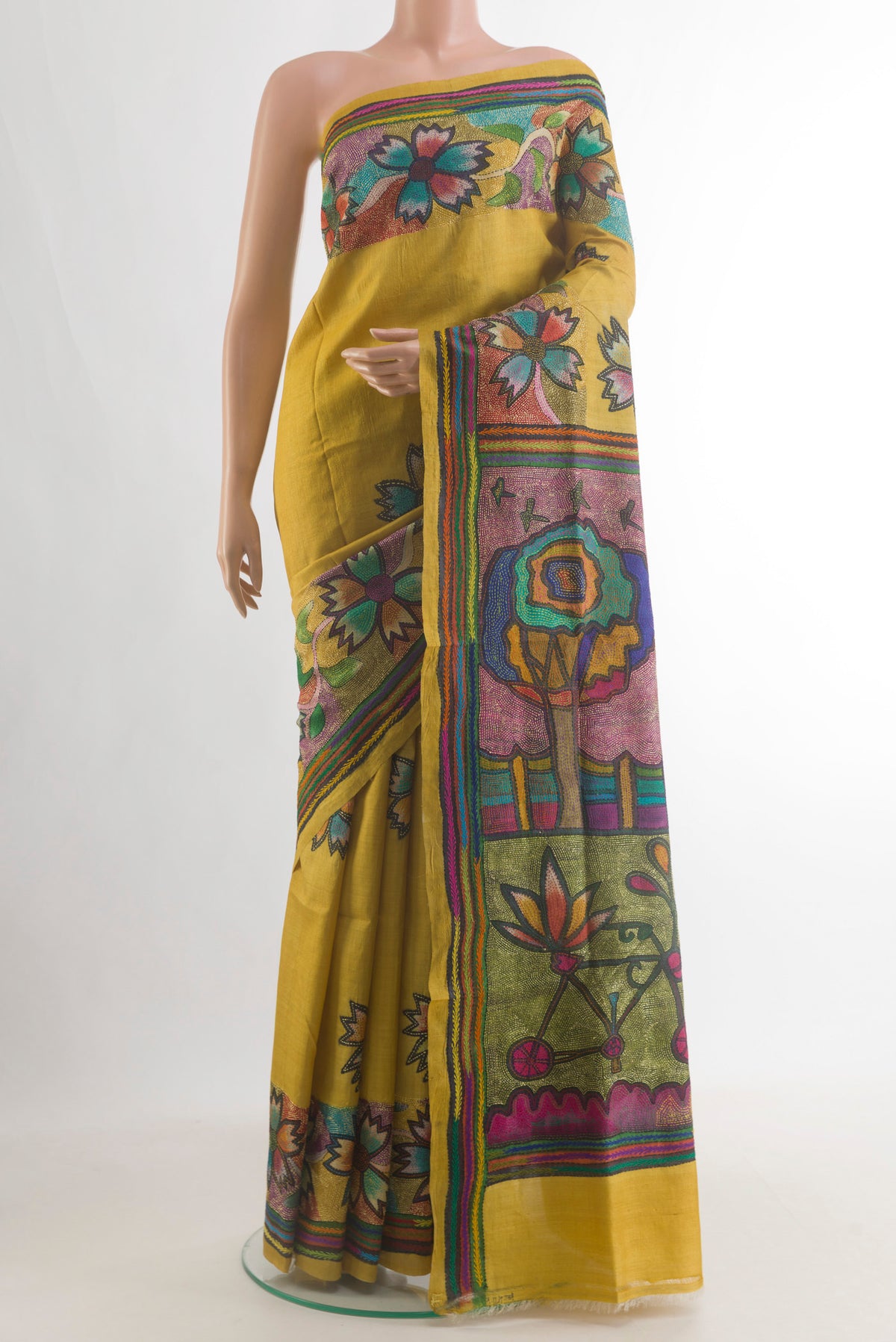 Mehandi Green Tussar Saree with Kantha Work on the body and Embroidery Border.  displayed on a mannequin