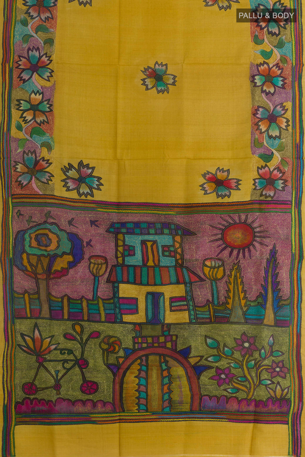 Flat view of Mehandi Green Tussar Saree with Kantha Work on the body and Embroidery Border. 