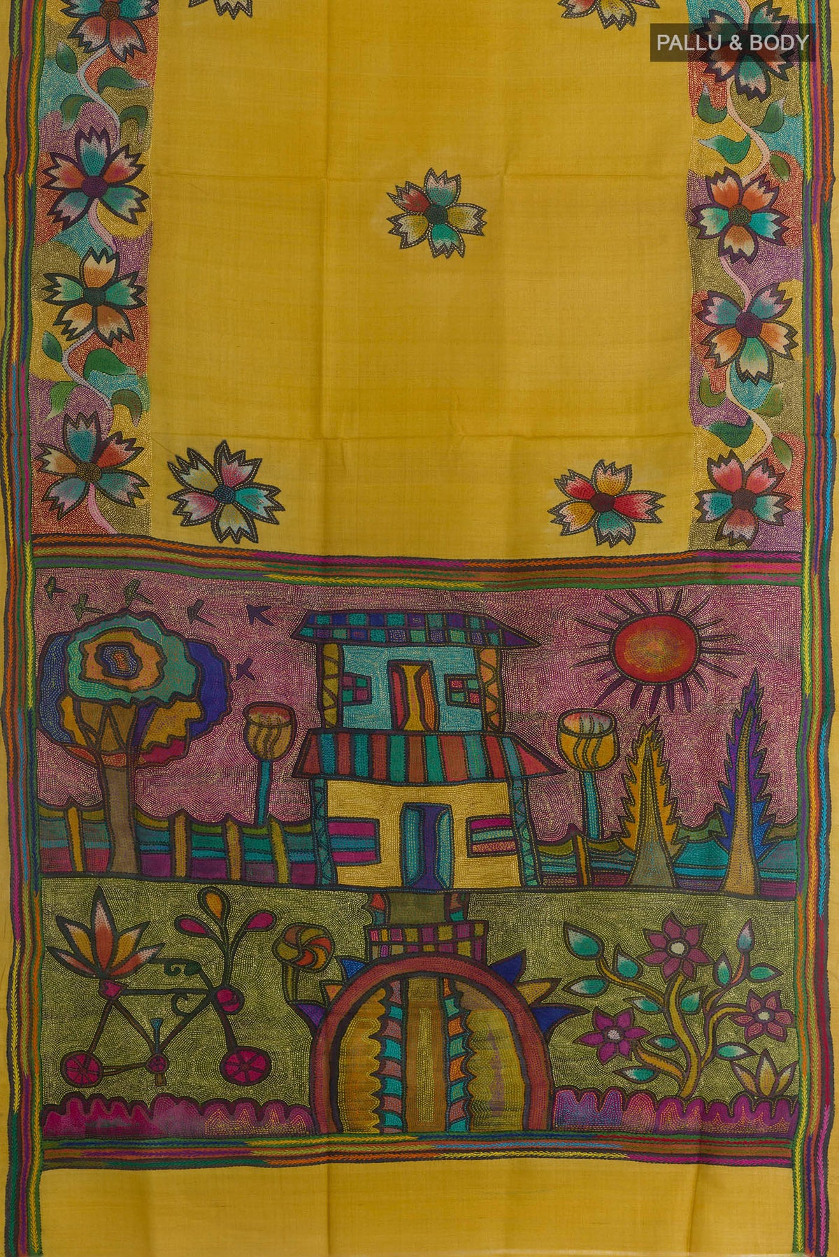 Flat view of Mehandi Green Tussar Saree with Kantha Work on the body and Embroidery Border. 