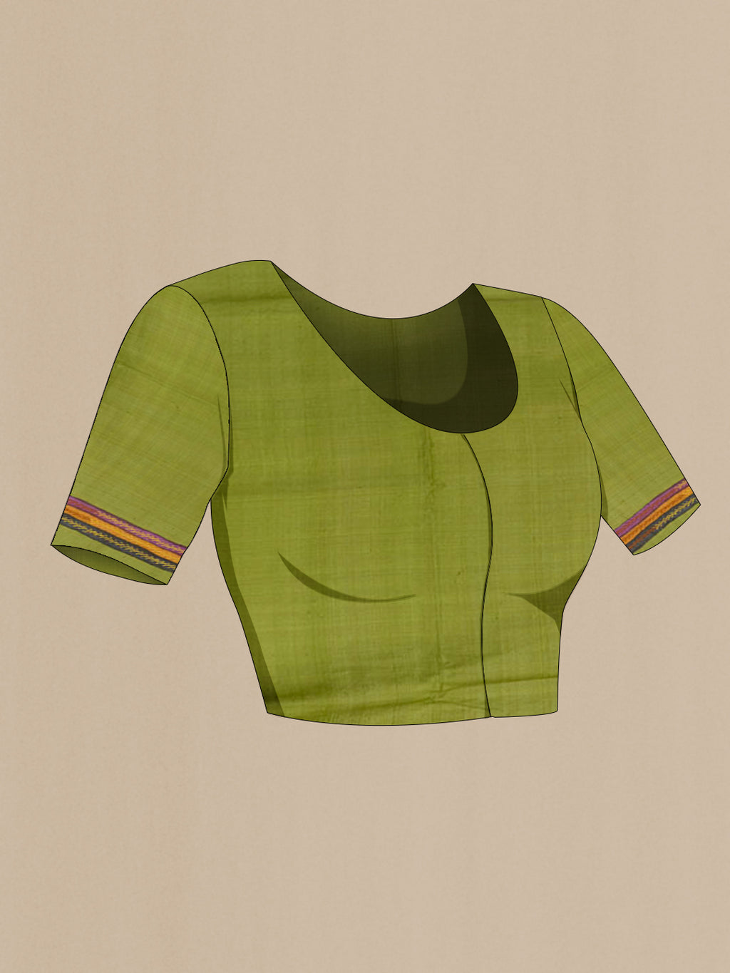 Close up image of the blouse of Green Tussar Saree with Kantha Work on the body and Embroidery Border. 