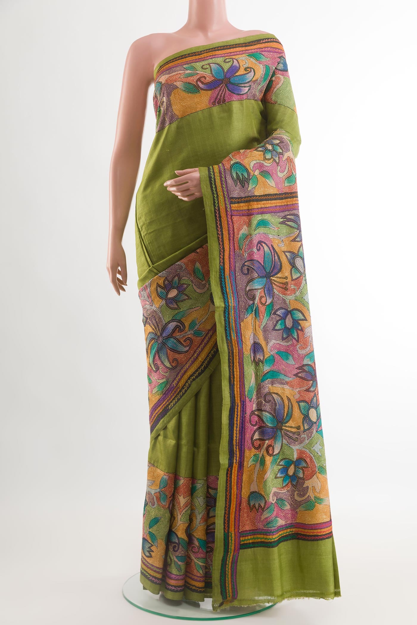 Green Tussar Saree with Kantha Work on the body and Embroidery Border.  displayed on a mannequin