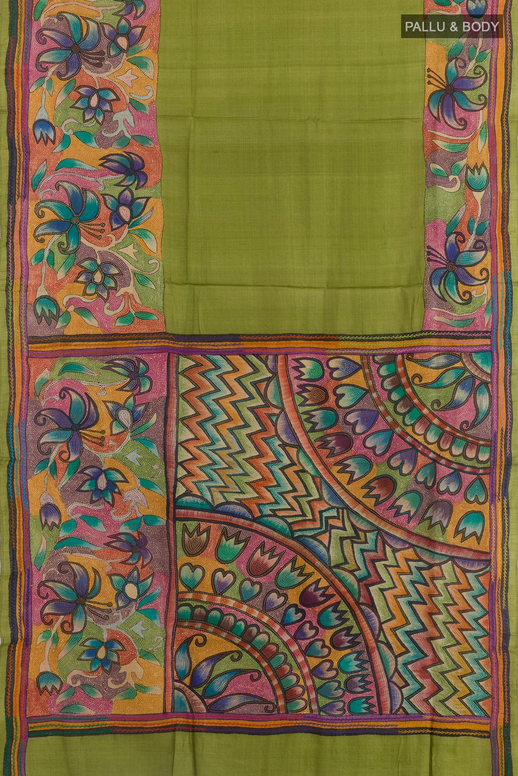 Flat view of Green Tussar Saree with Kantha Work on the body and Embroidery Border. 