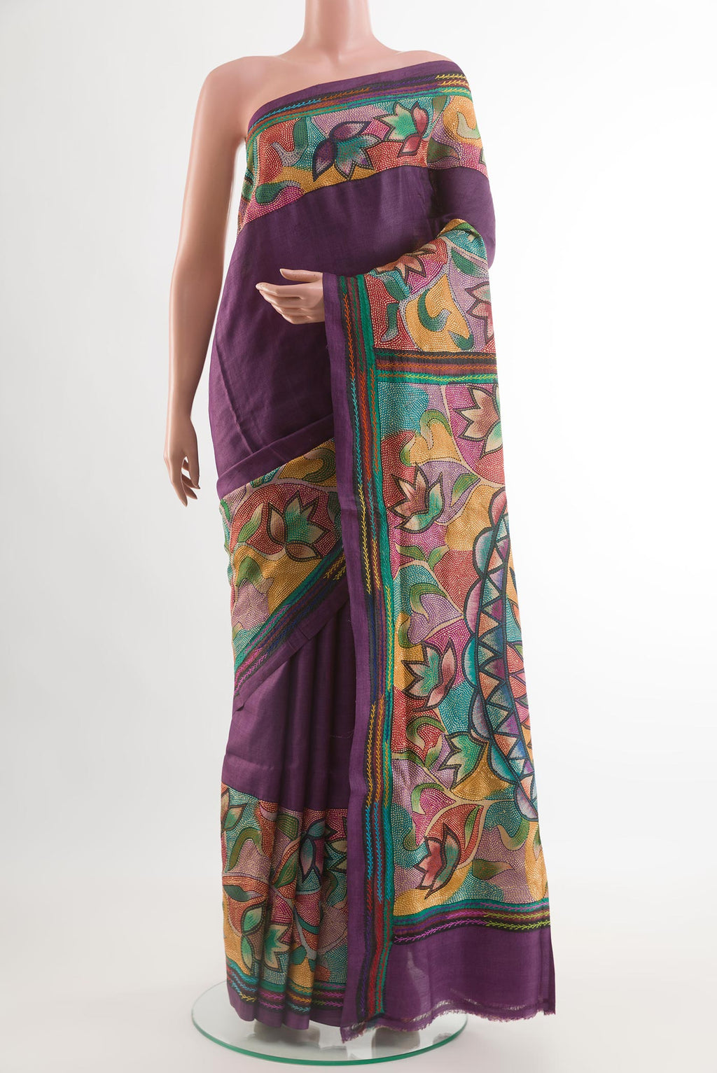 Purple Tussar Saree with Kantha Work on the body and Embroidery Border.  displayed on a mannequin