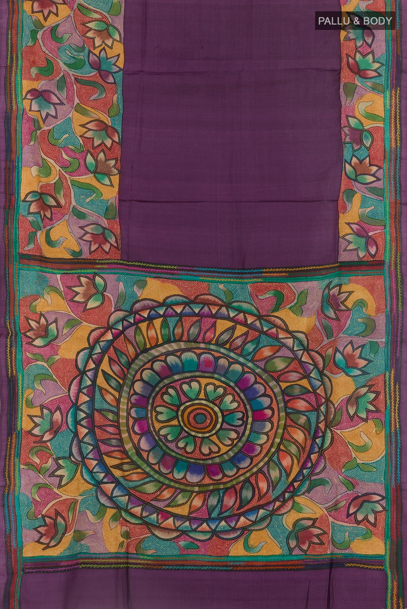 Flat view of Purple Tussar Saree with Kantha Work on the body and Embroidery Border. 