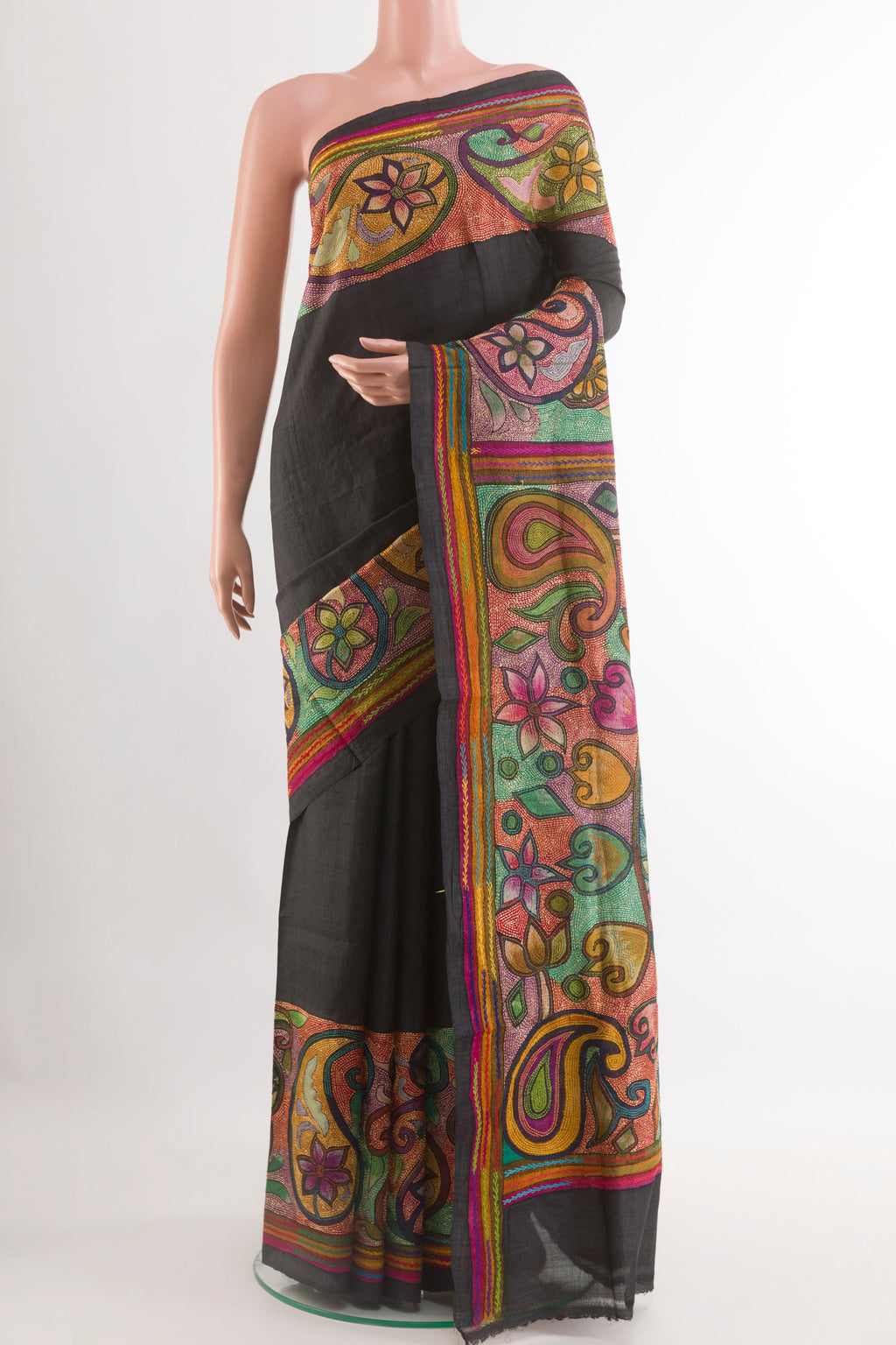 Black Tussar Saree with Plain Body and Embroidery Border.  displayed on a mannequin
