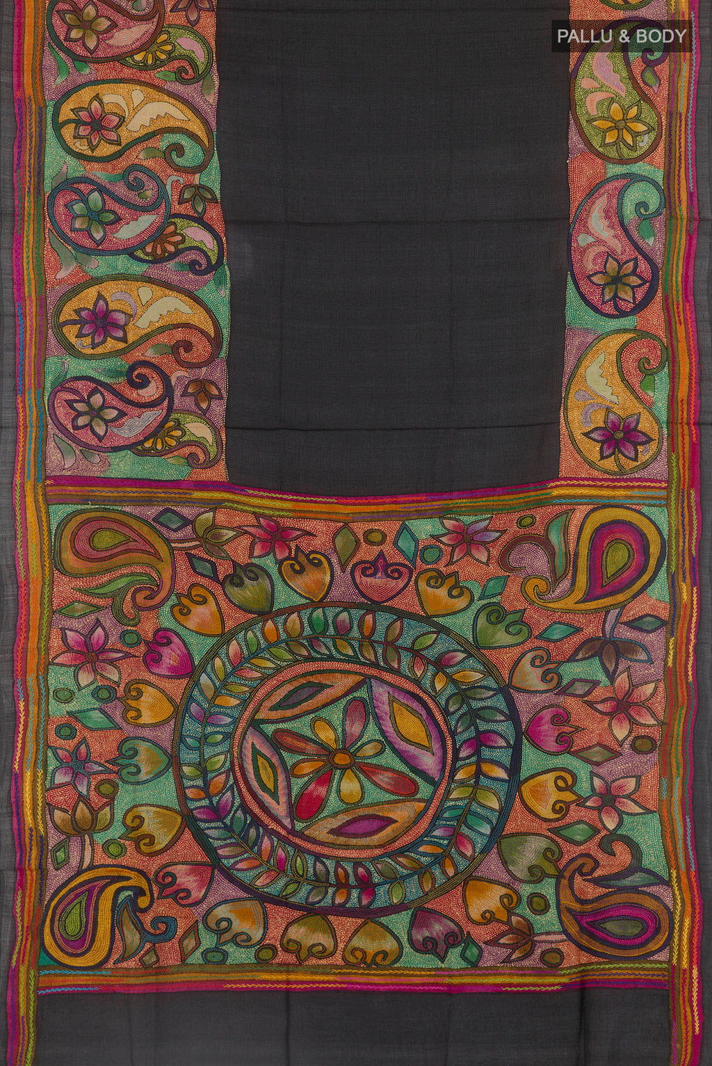 Flat view of Black Tussar Saree with Plain Body and Embroidery Border. 