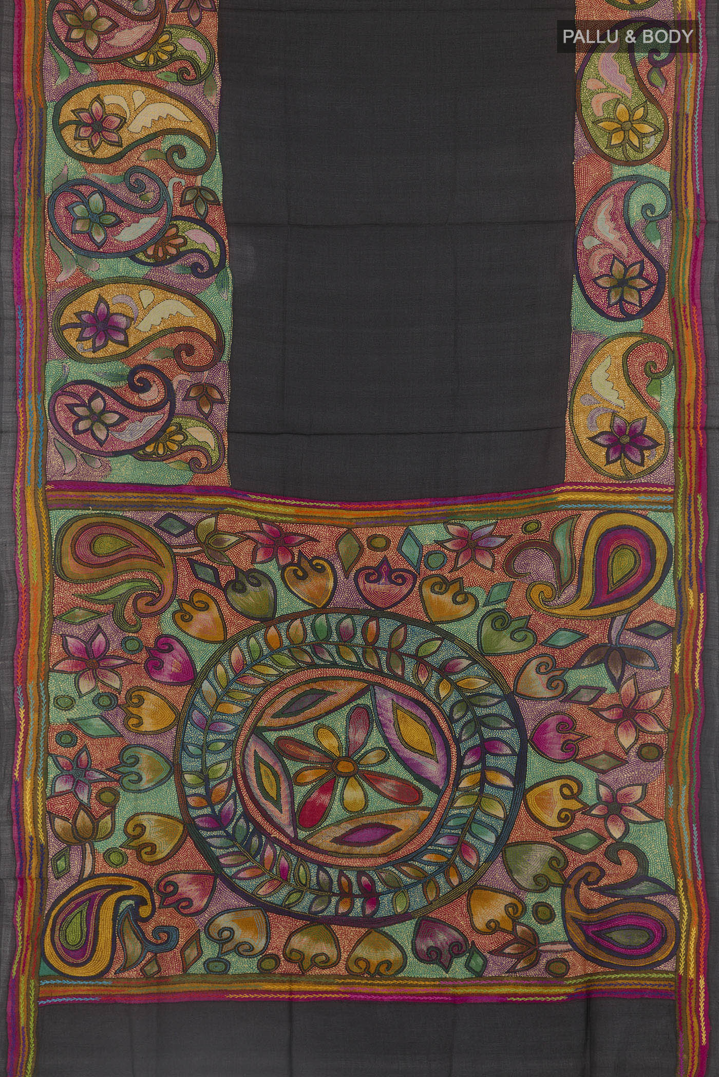 Flat view of Black Tussar Saree with Plain Body and Embroidery Border. 