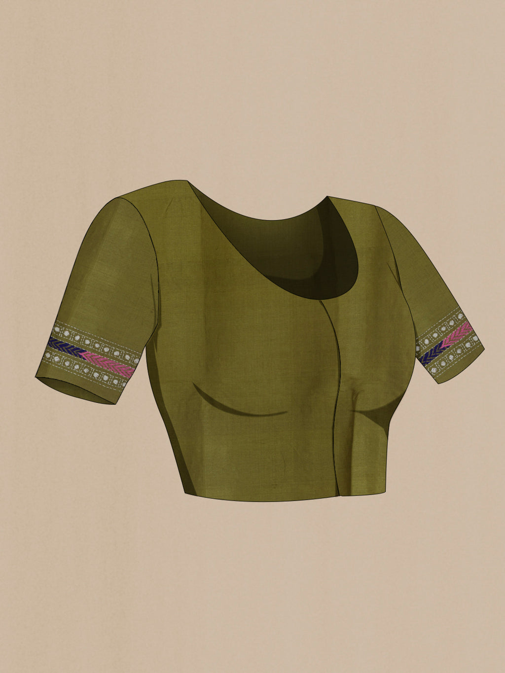 Close up image of the blouse of Olive Green Tussar Saree with Kantha Work on the body and Embroidery Border. 