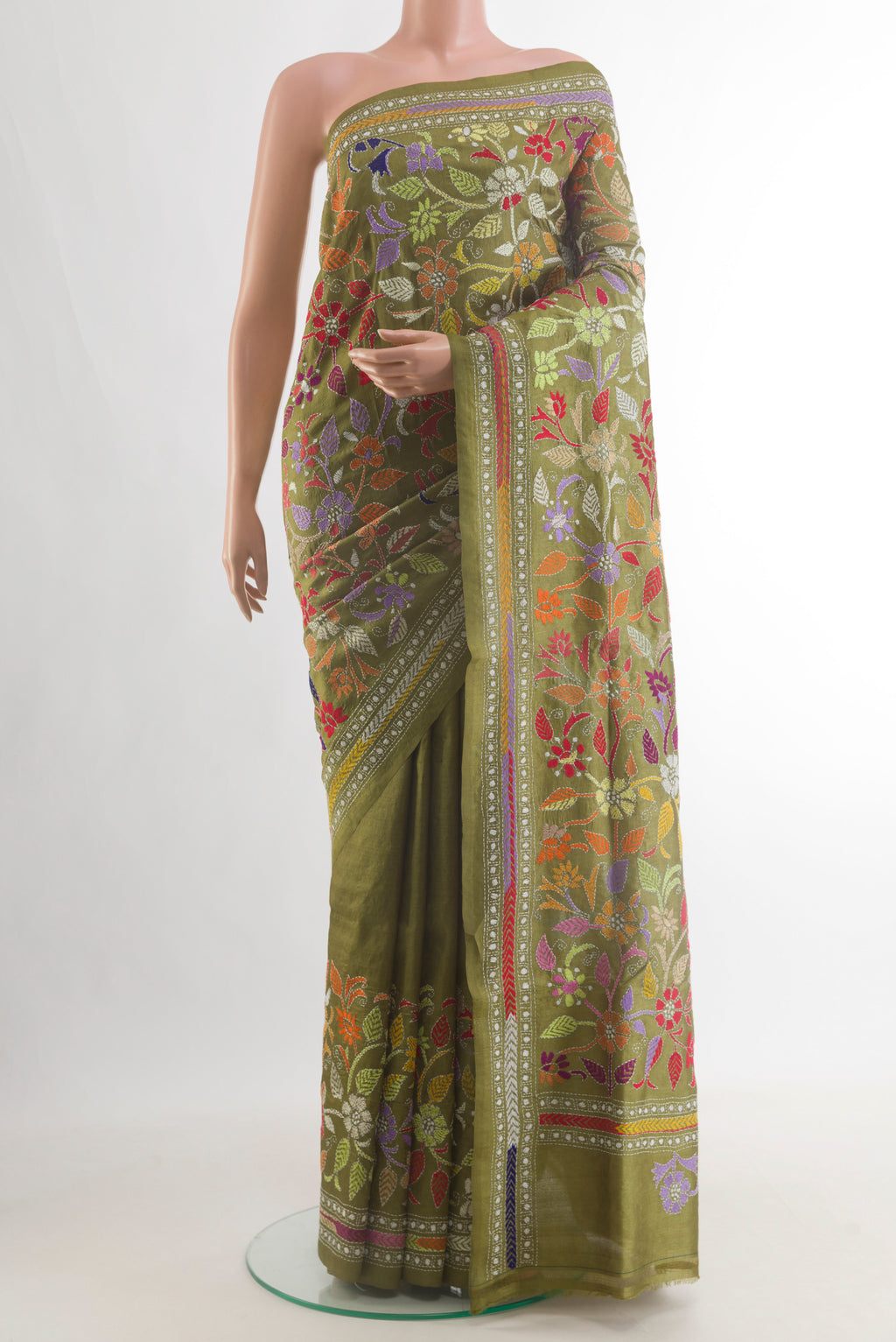 Olive Green Tussar Saree with Kantha Work on the body and Embroidery Border.  displayed on a mannequin