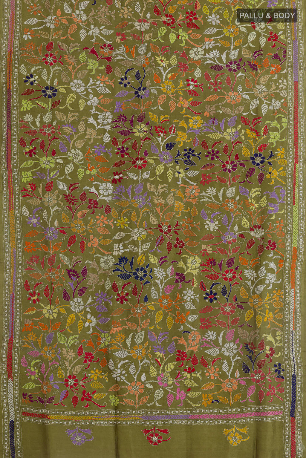 Flat view of Olive Green Tussar Saree with Kantha Work on the body and Embroidery Border. 