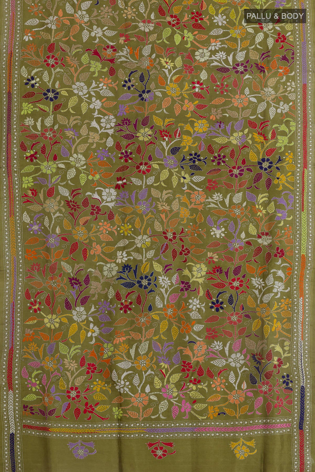 Flat view of Olive Green Tussar Saree with Kantha Work on the body and Embroidery Border. 