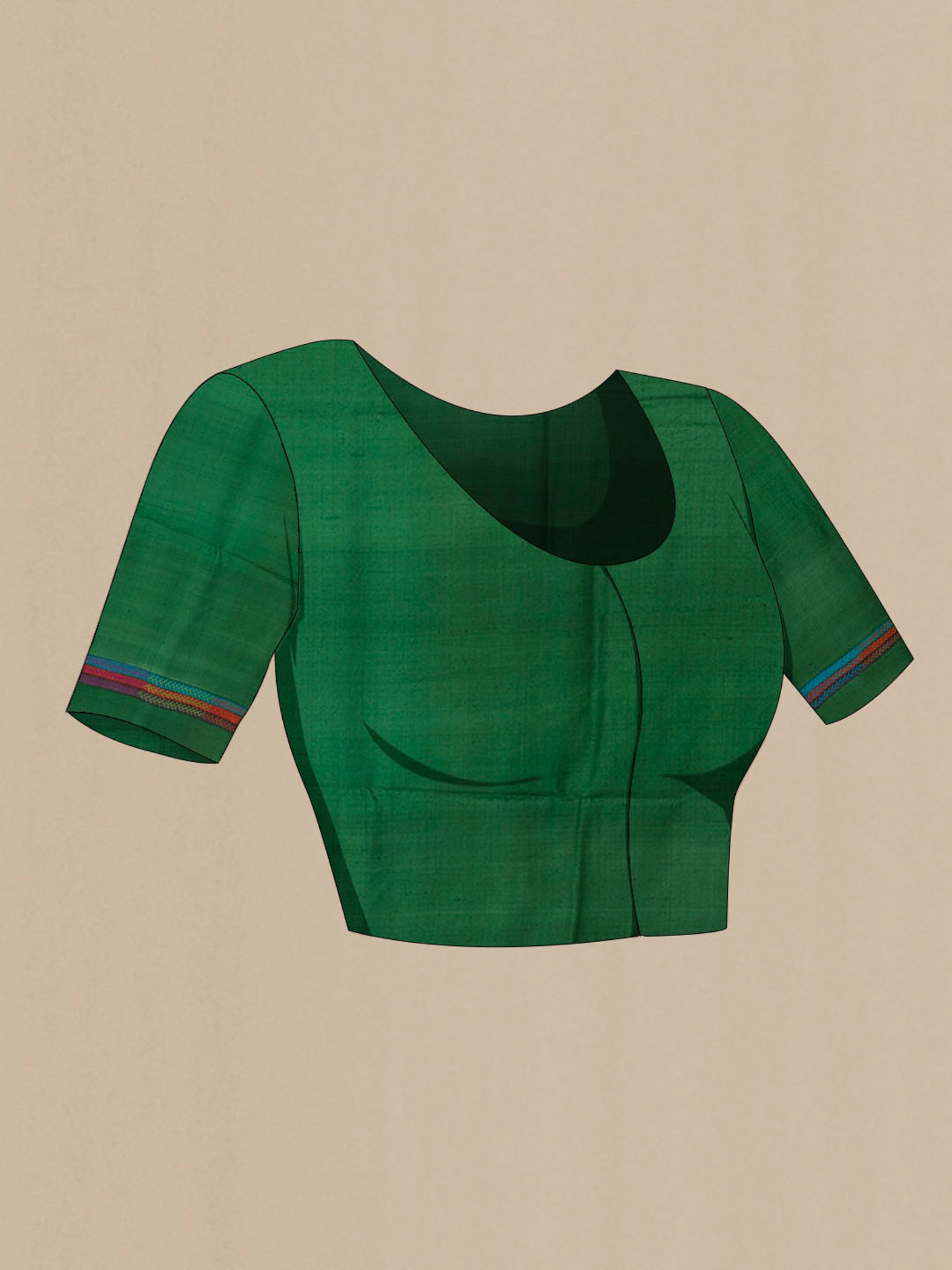 Close up image of the blouse of Green Tussar Saree with Plain Body and Embroidery Border. 