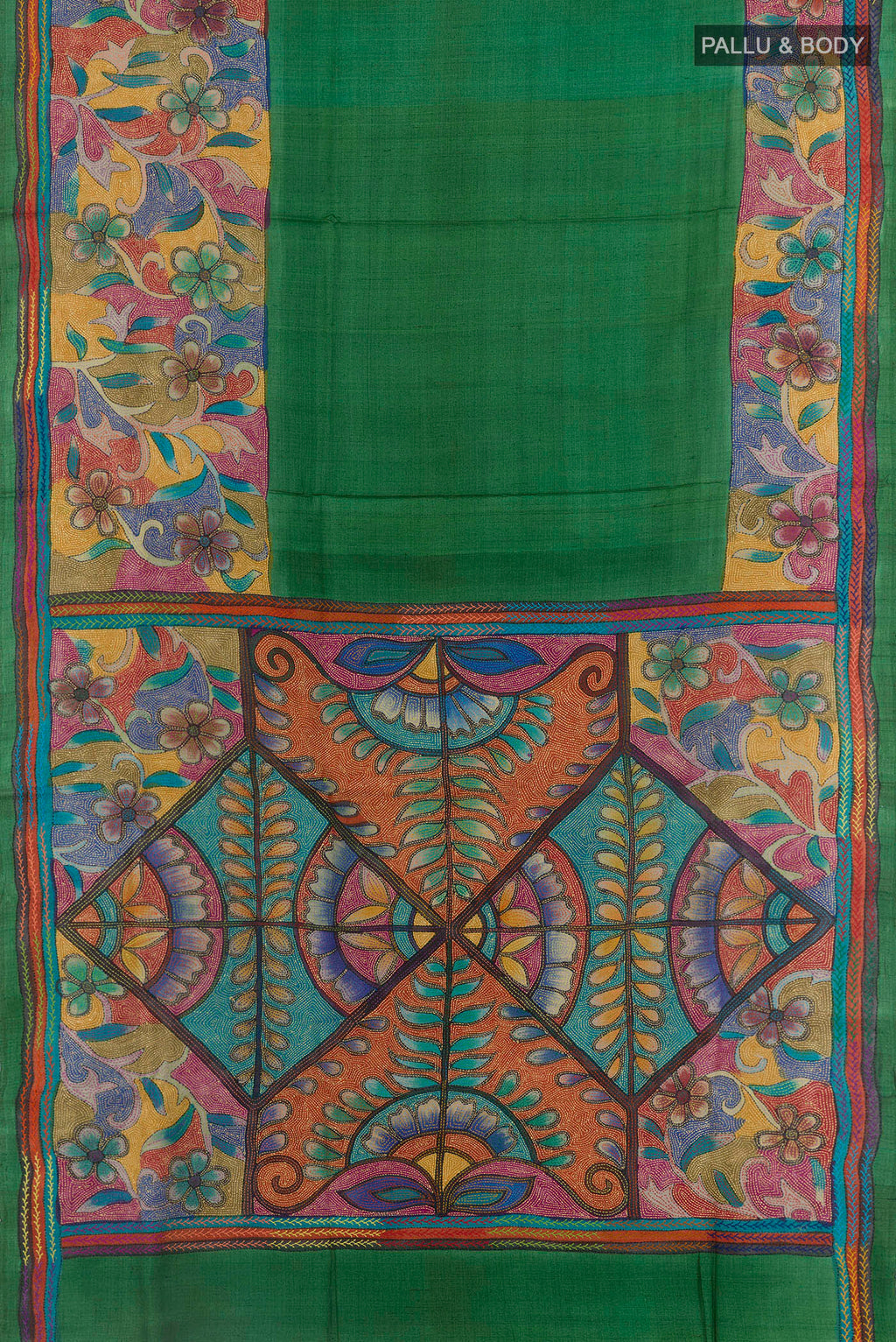 Flat view of Green Tussar Saree with Plain Body and Embroidery Border. 