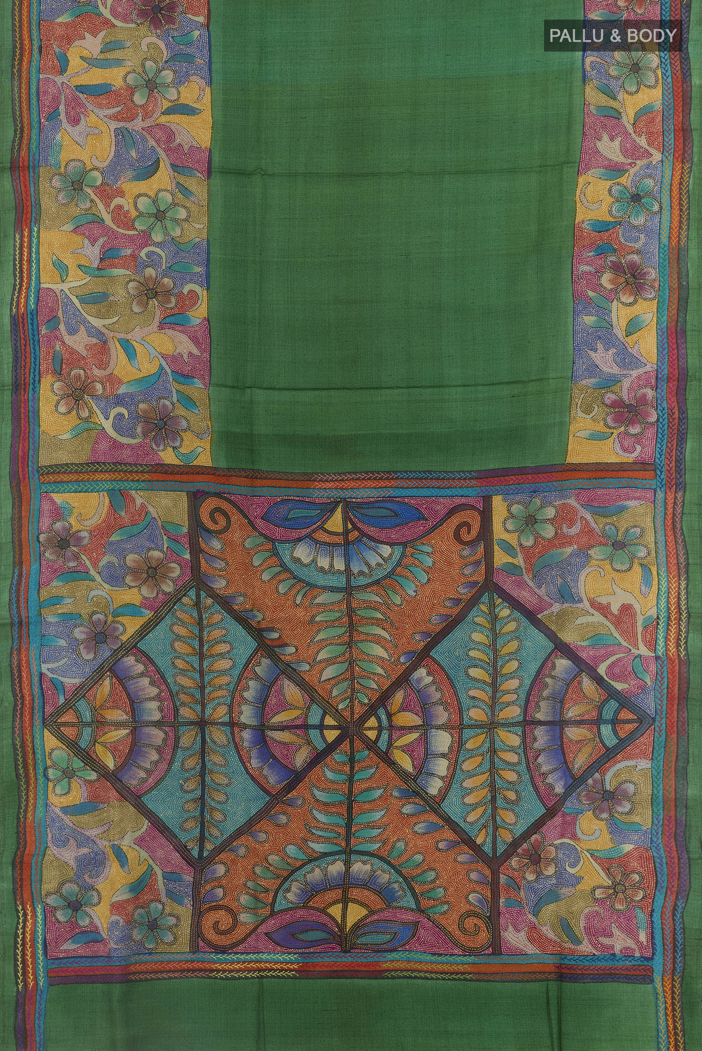 Flat view of Green Tussar Saree with Plain Body and Embroidery Border. 