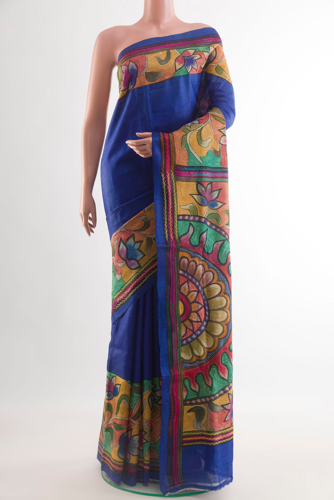 Blue Tussar Saree with Plain Body and Embroidery Border.  displayed on a mannequin