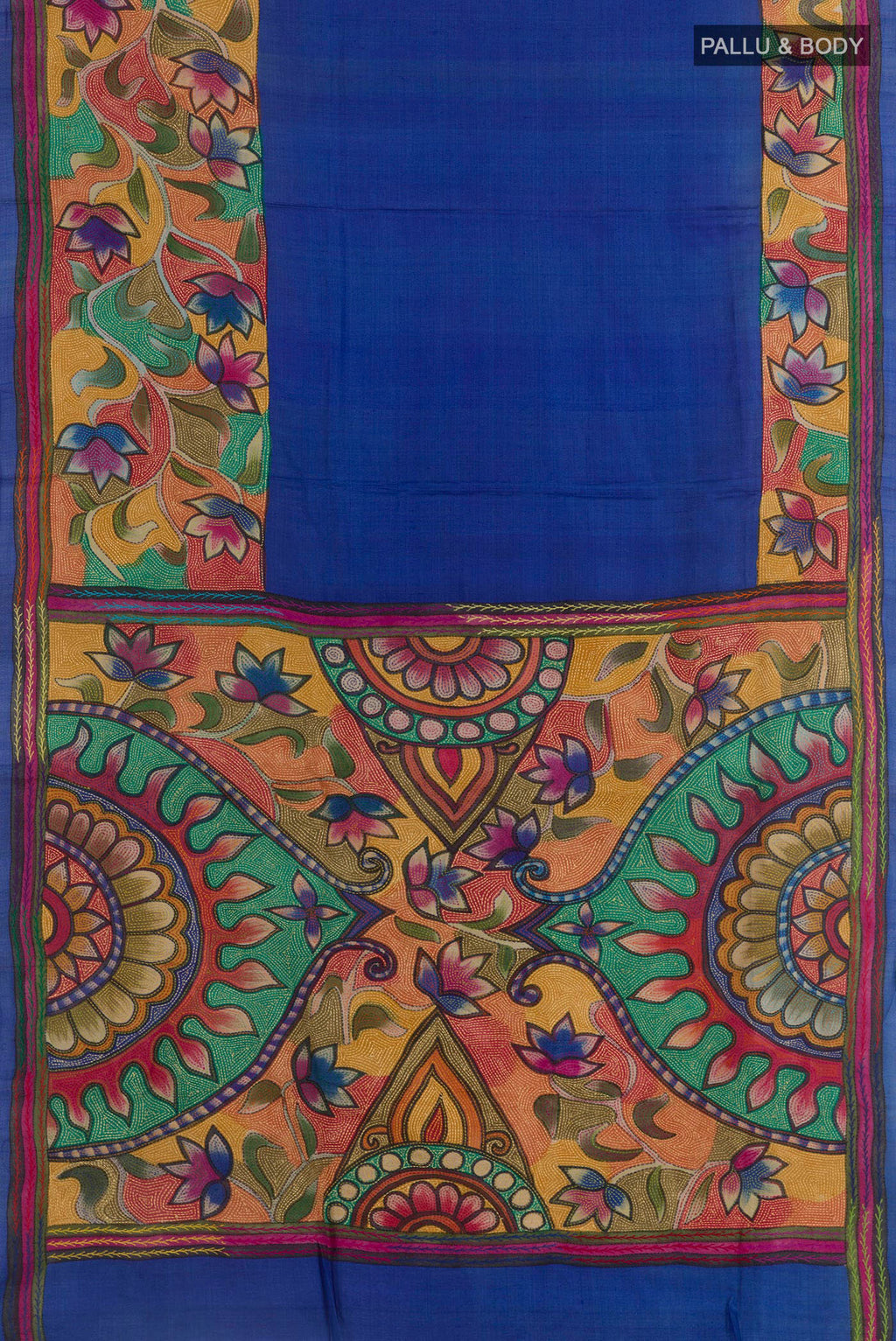 Flat view of Blue Tussar Saree with Plain Body and Embroidery Border. 