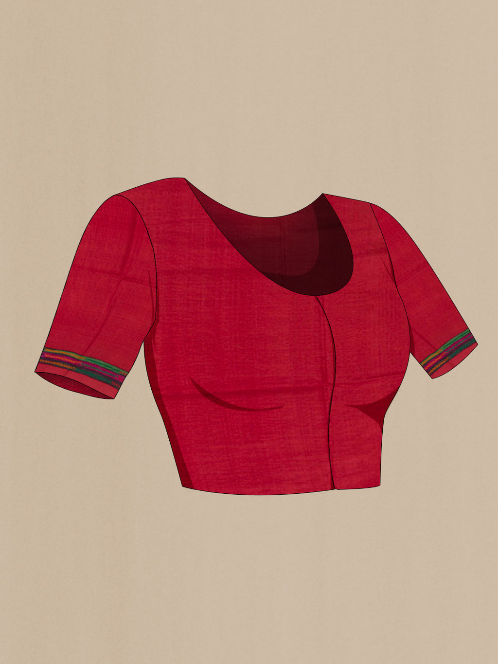 Close up image of the blouse of Red Tussar Saree with Plain Body and Embroidery Border. 