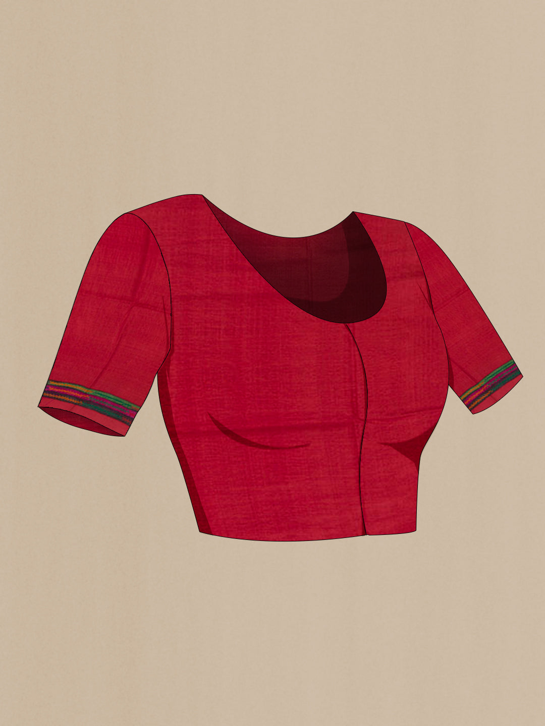 Close up image of the blouse of Red Tussar Saree with Plain Body and Embroidery Border. 