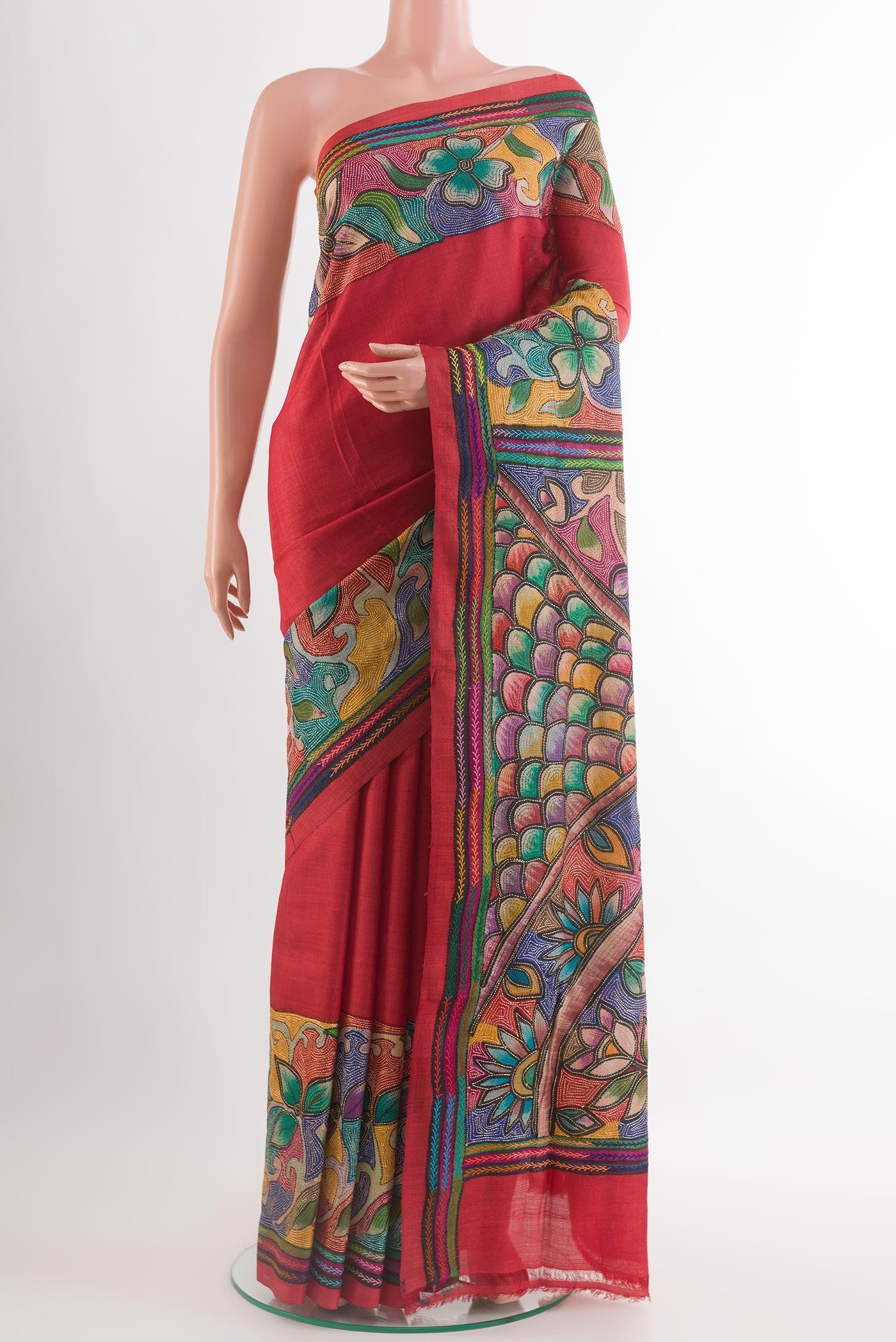 Red Tussar Saree with Plain Body and Embroidery Border.  displayed on a mannequin