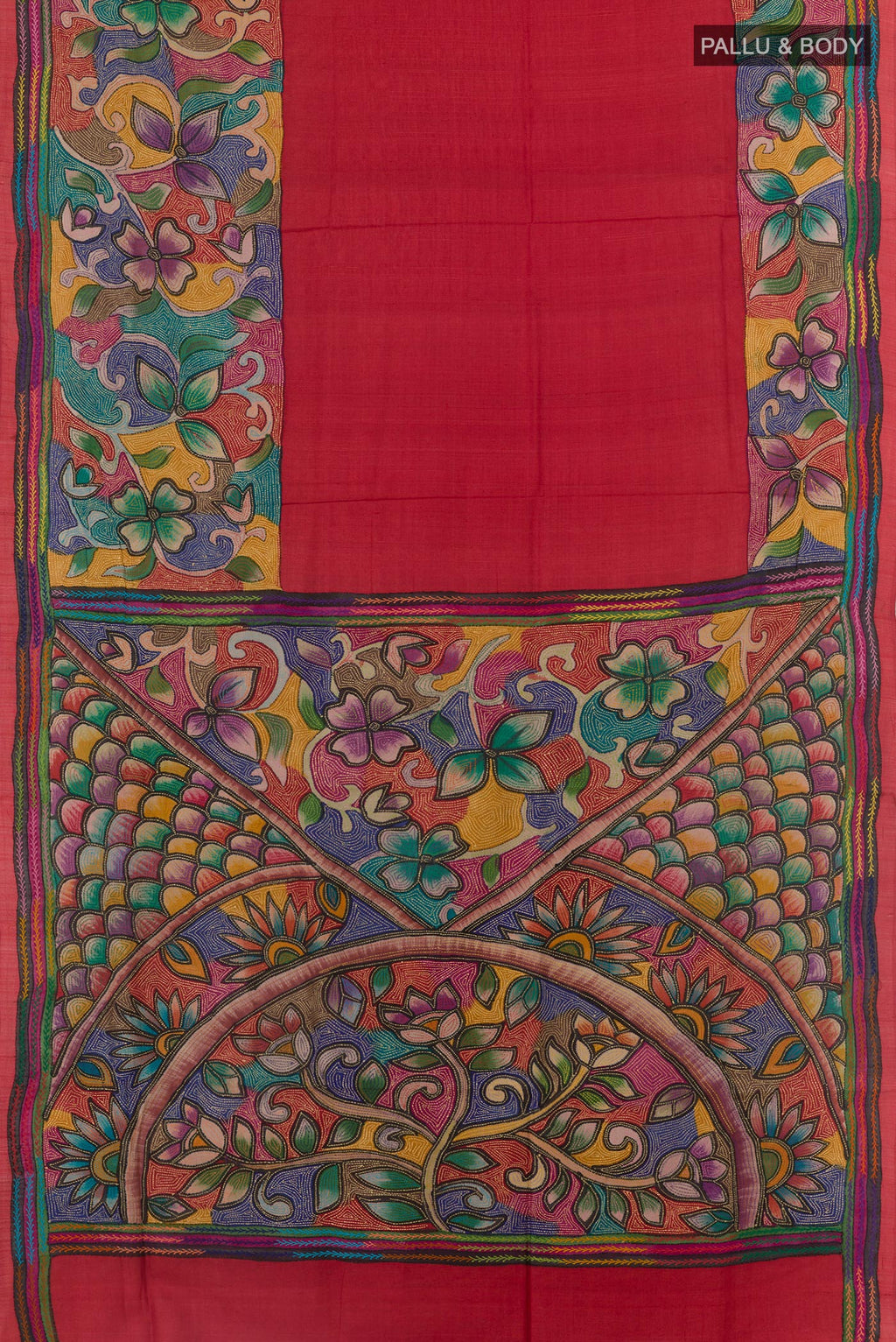 Flat view of Red Tussar Saree with Plain Body and Embroidery Border. 