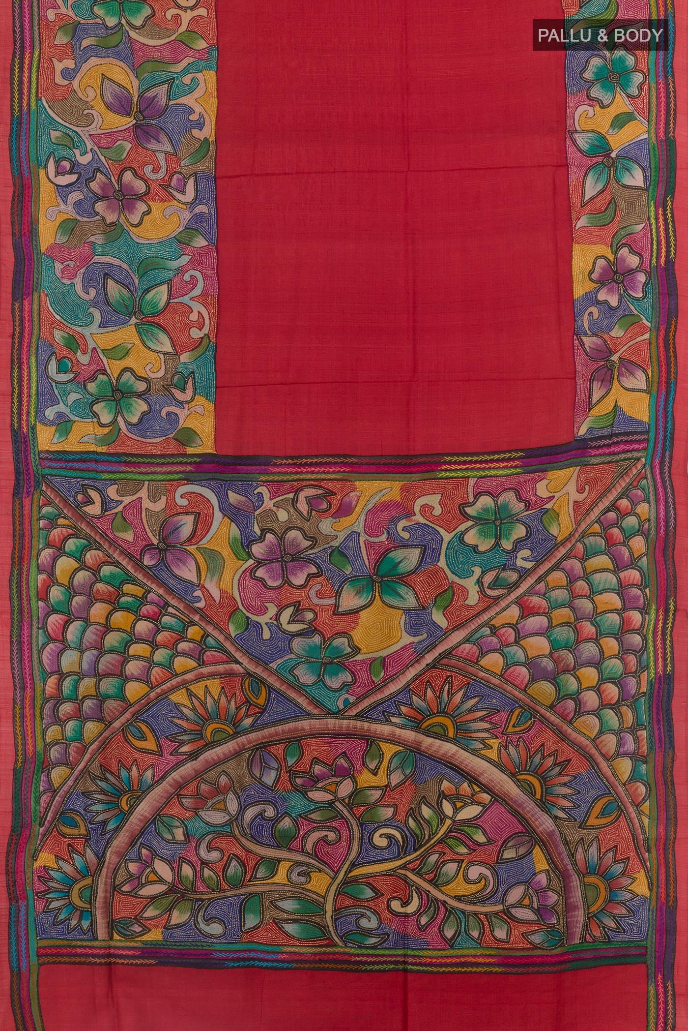 Flat view of Red Tussar Saree with Plain Body and Embroidery Border. 