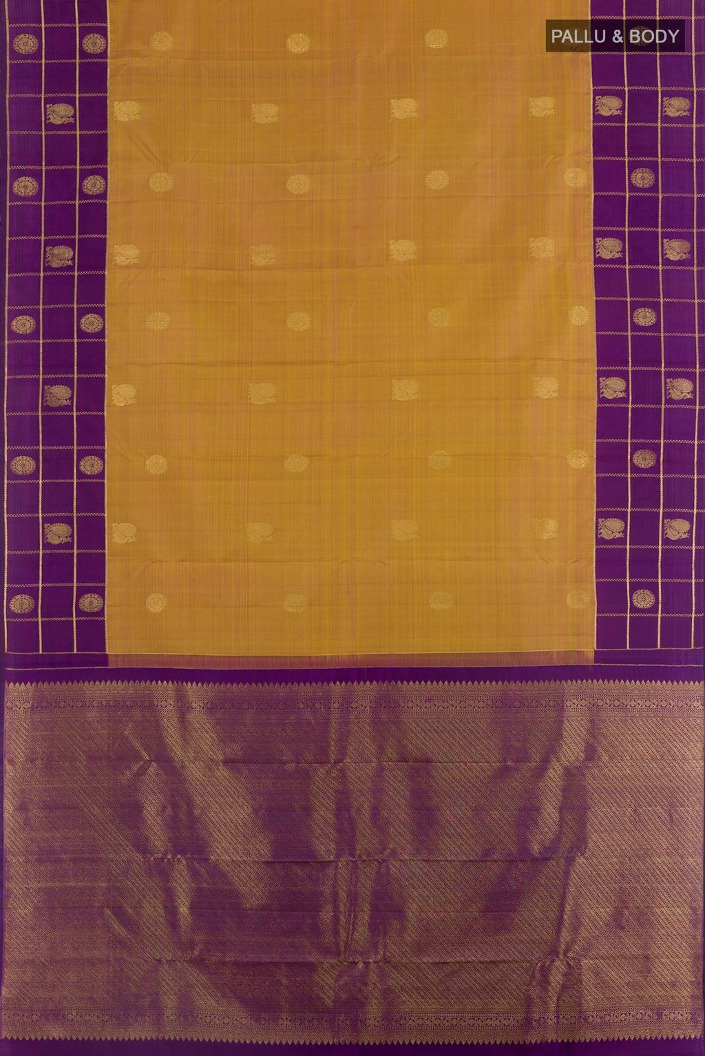 Flat view of Mustard Kanjivaram Silk Saree with Zari Butta on the body and Zari Border. 