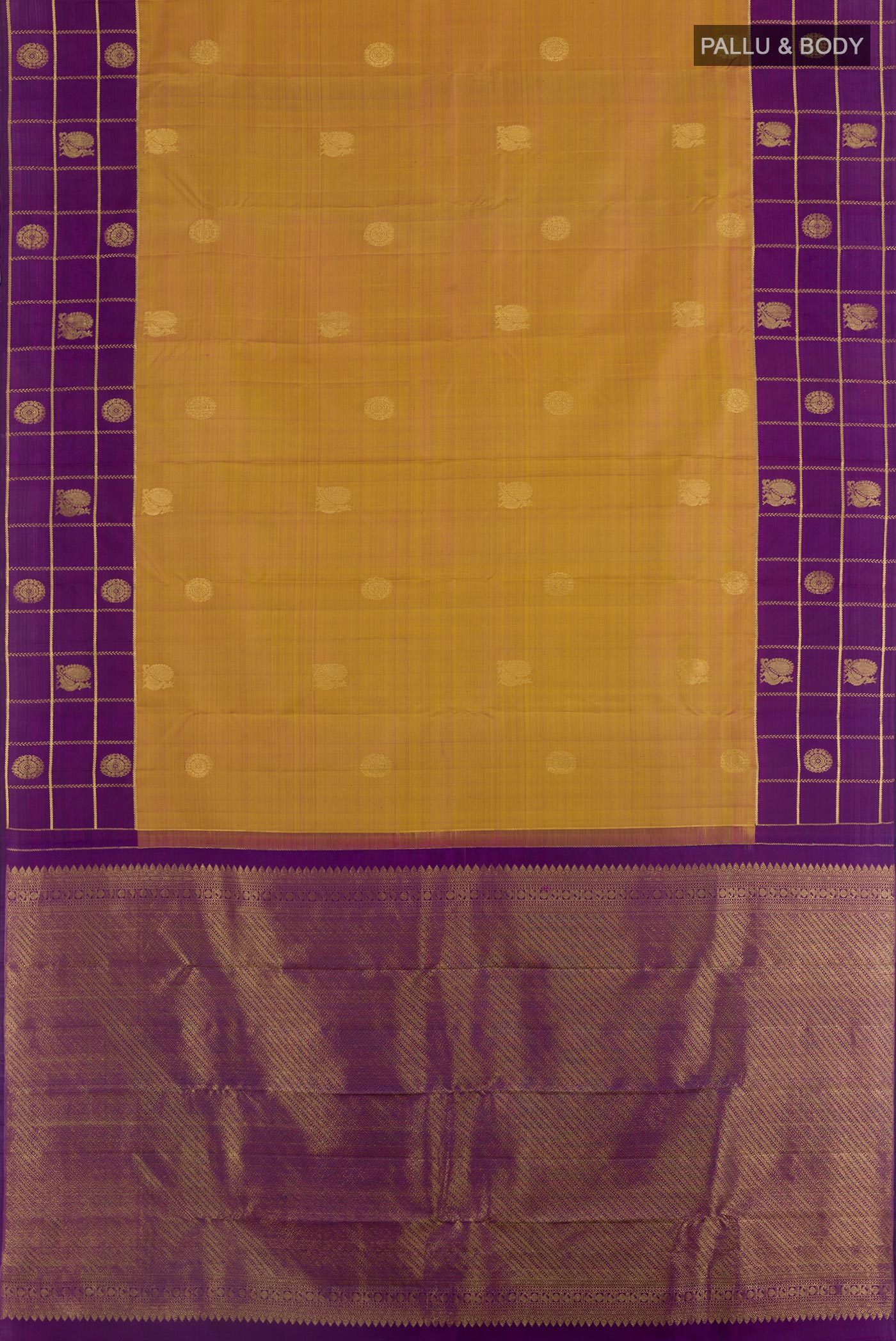 Flat view of Mustard Kanjivaram Silk Saree with Zari Butta on the body and Zari Border. 