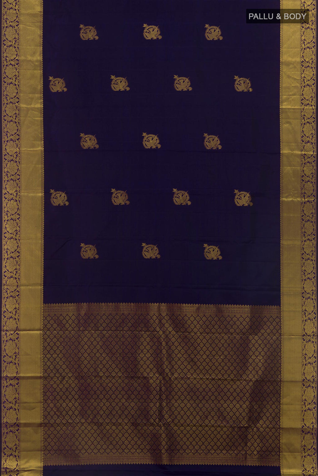 Flat view of Navy Blue Kanchipuram Silk Saree with Zari Butta on the body and Zari Border. 