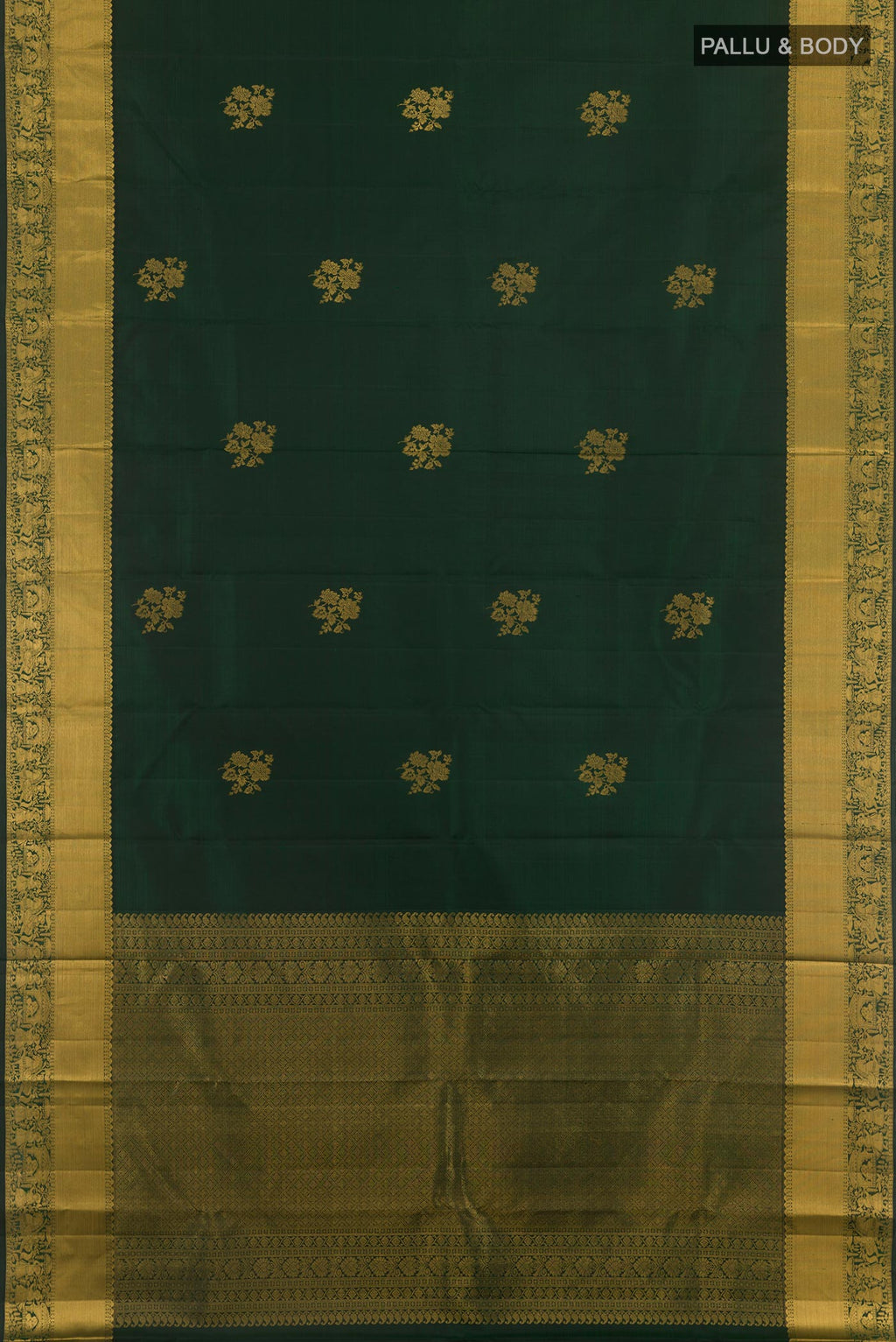 Flat view of Bottle Green Kanchipuram Silk Saree with Zari Butta on the body and Zari Border. 