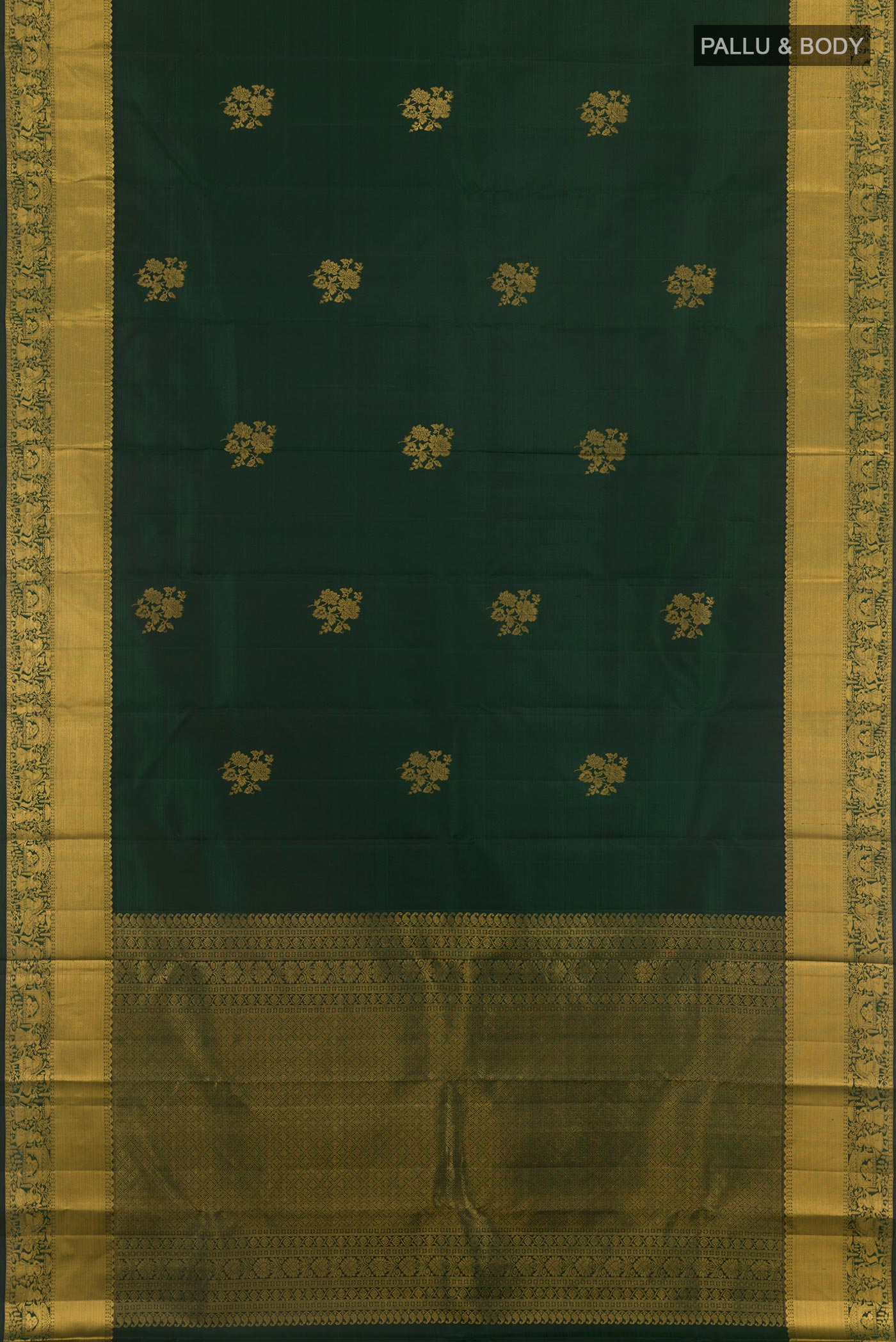 Flat view of Bottle Green Kanchipuram Silk Saree with Zari Butta on the body and Zari Border. 
