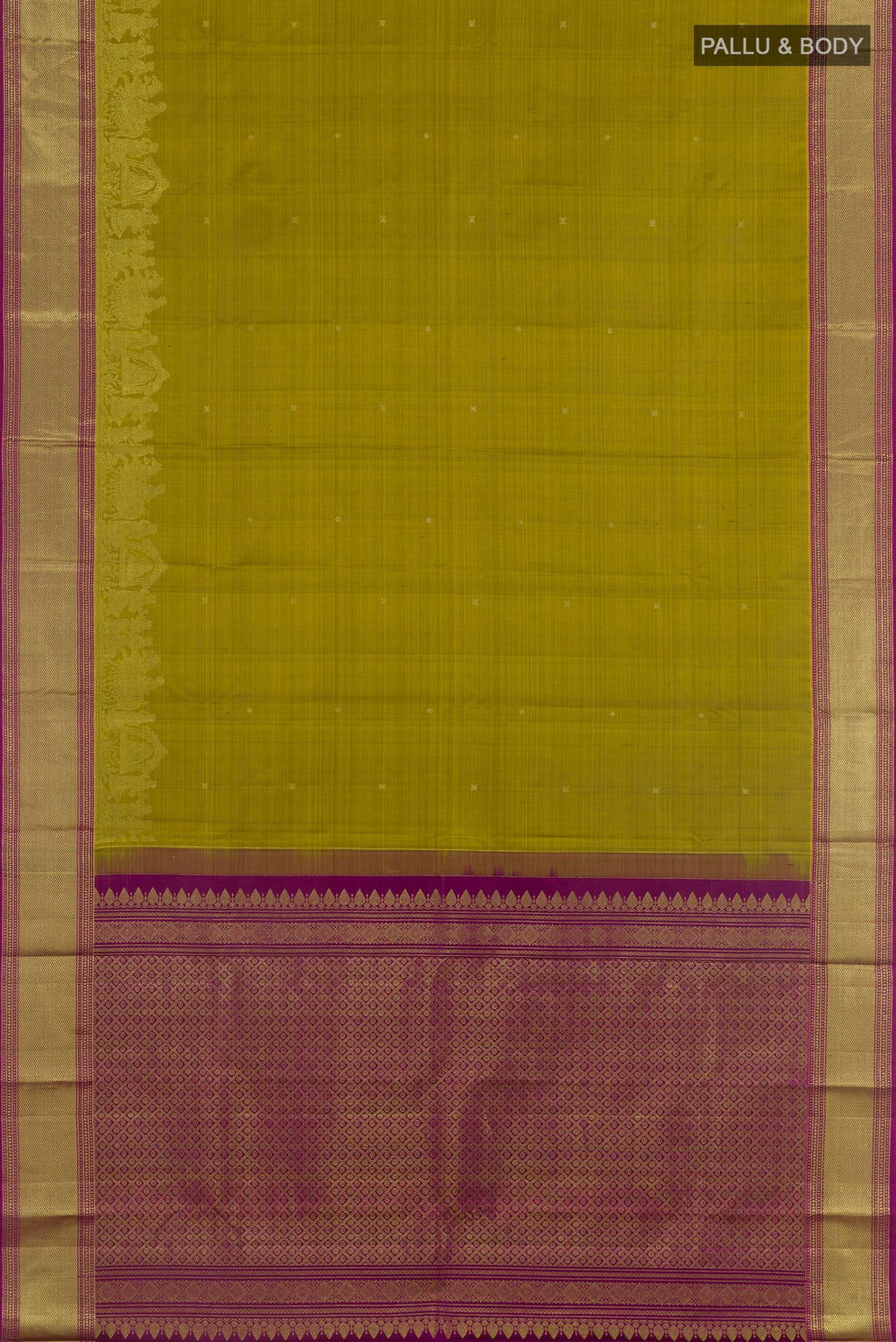 Flat view of Mustard Kanjivaram Silk Saree with Zari Butta on the body and Zari Border. 