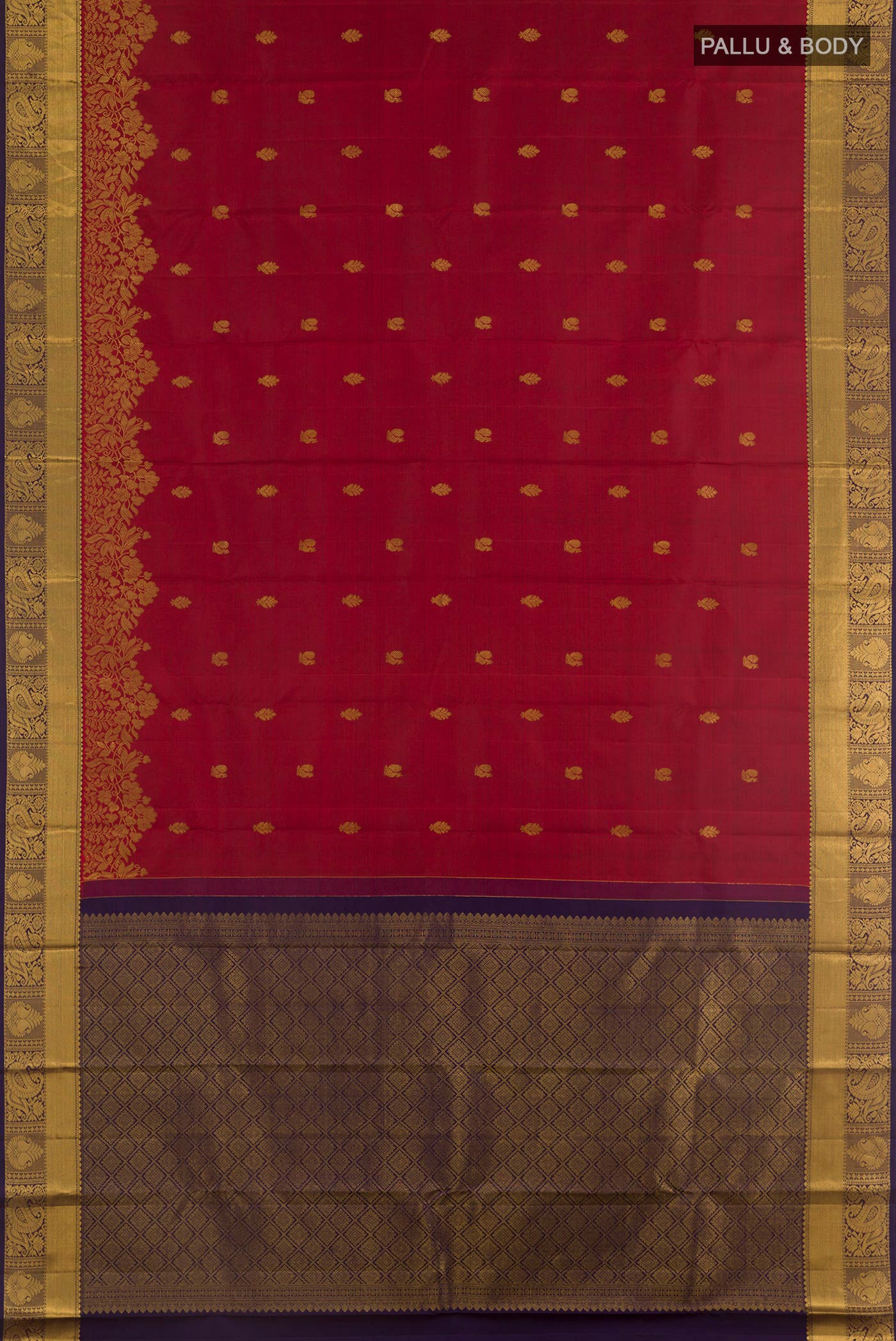 Flat view of Maroon Kanjivaram Silk Saree with Zari Butta on the body and Zari Border. 