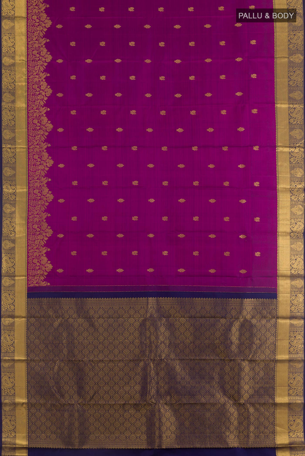 Flat view of Purple Kanjivaram Silk Saree with Zari Butta on the body and Zari Border. 