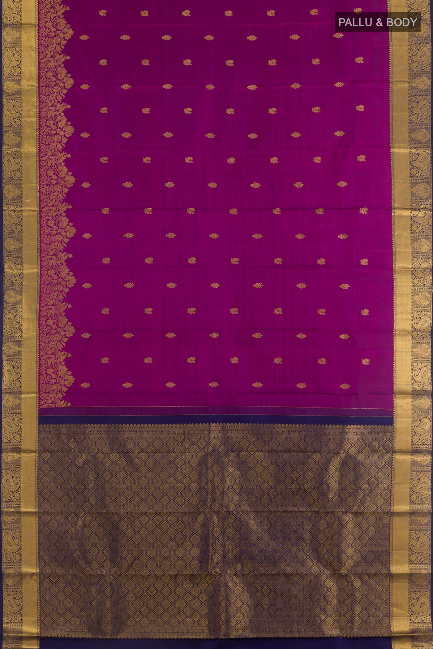 Flat view of Purple Kanjivaram Silk Saree with Zari Butta on the body and Zari Border. 