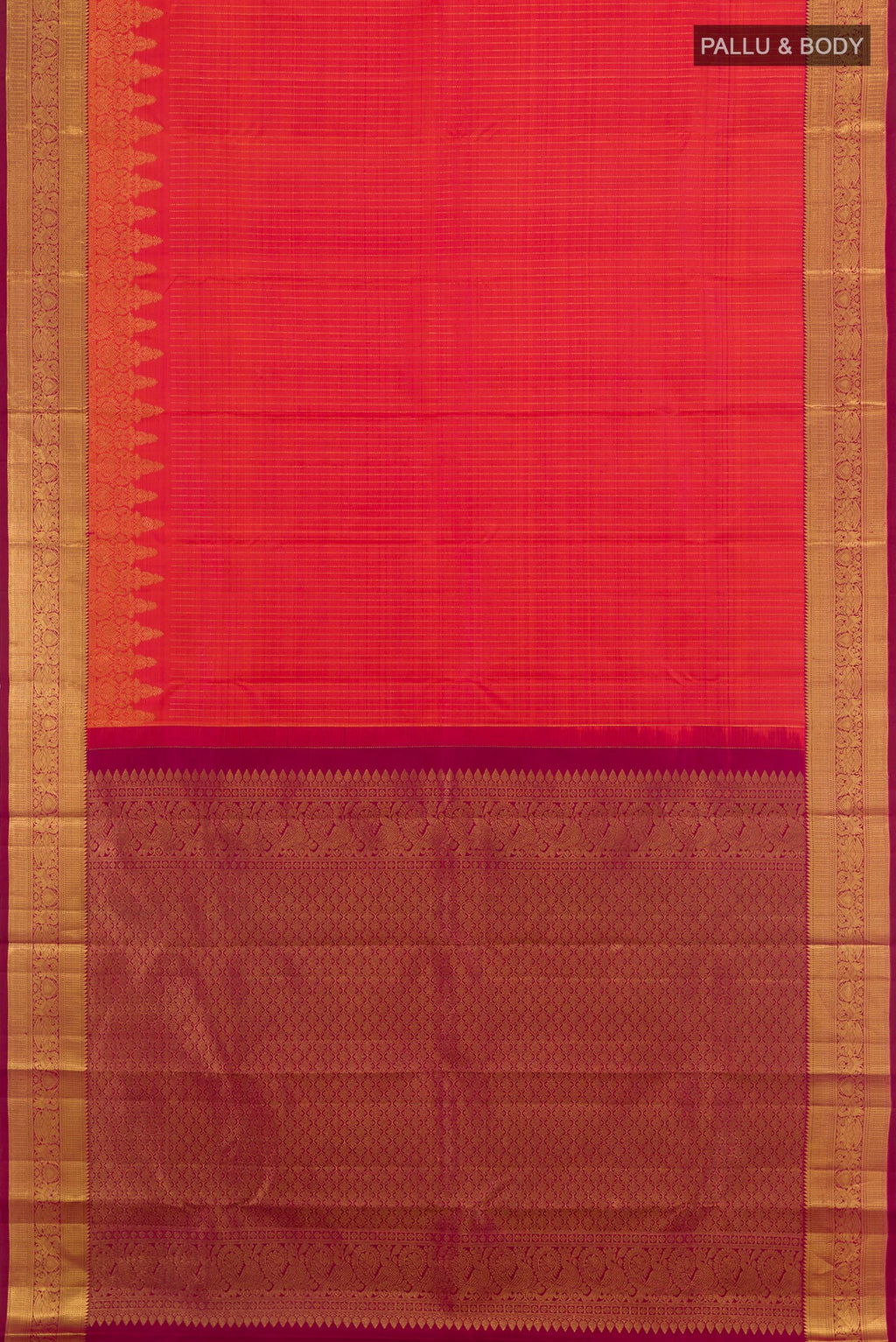 Flat view of Peach Kanjivaram Silk Saree with Checked design on the body and Zari Border. 