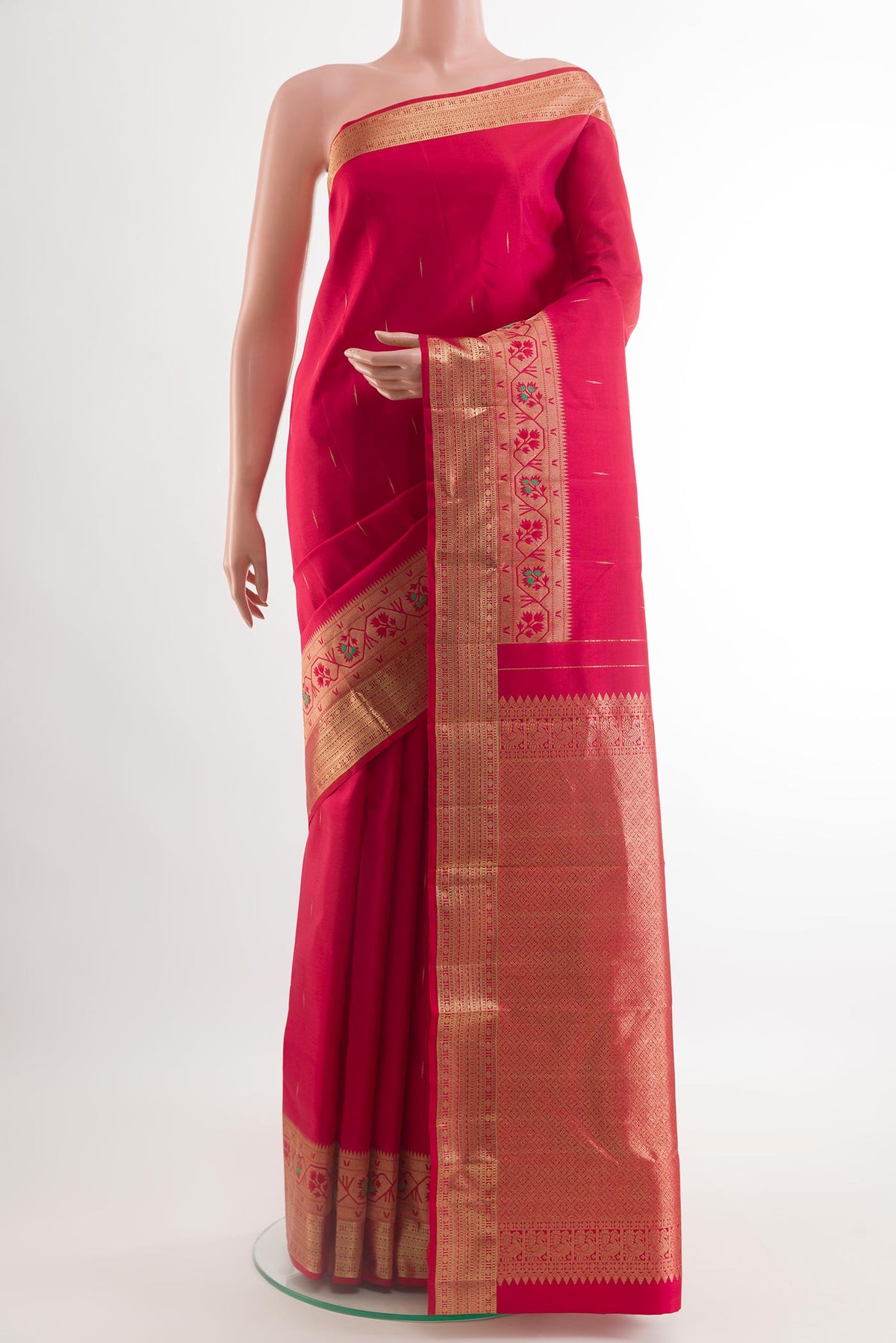 Red Kanjivaram Silk Saree with Zari Butta on the body and Paithani Border.  displayed on a mannequin
