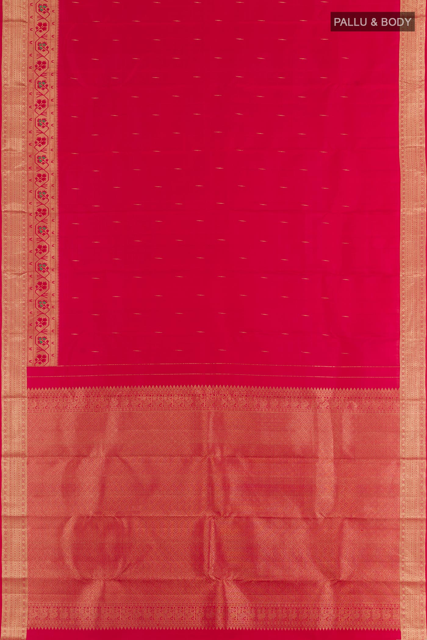Flat view of Red Kanjivaram Silk Saree with Zari Butta on the body and Paithani Border. 