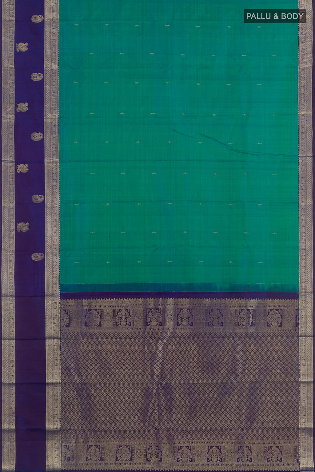 Flat view of Sea Green Kanjivaram Silk Saree with Zari Butta on the body and Zari Border. 