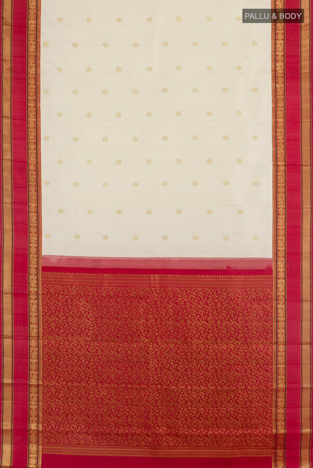 Flat view of Off White Kanjivaram Silk Saree with Zari Butta on the body and Zari Border. 