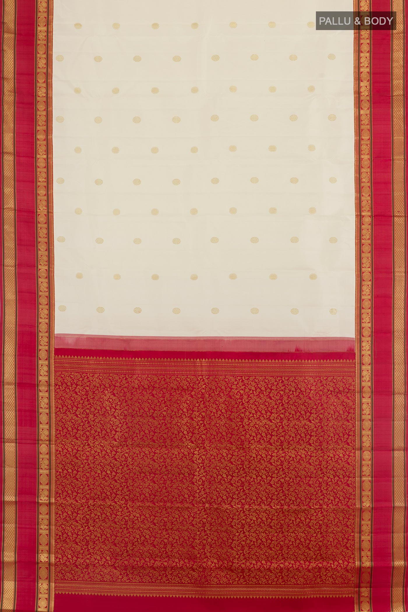 Flat view of Off White Kanjivaram Silk Saree with Zari Butta on the body and Zari Border. 