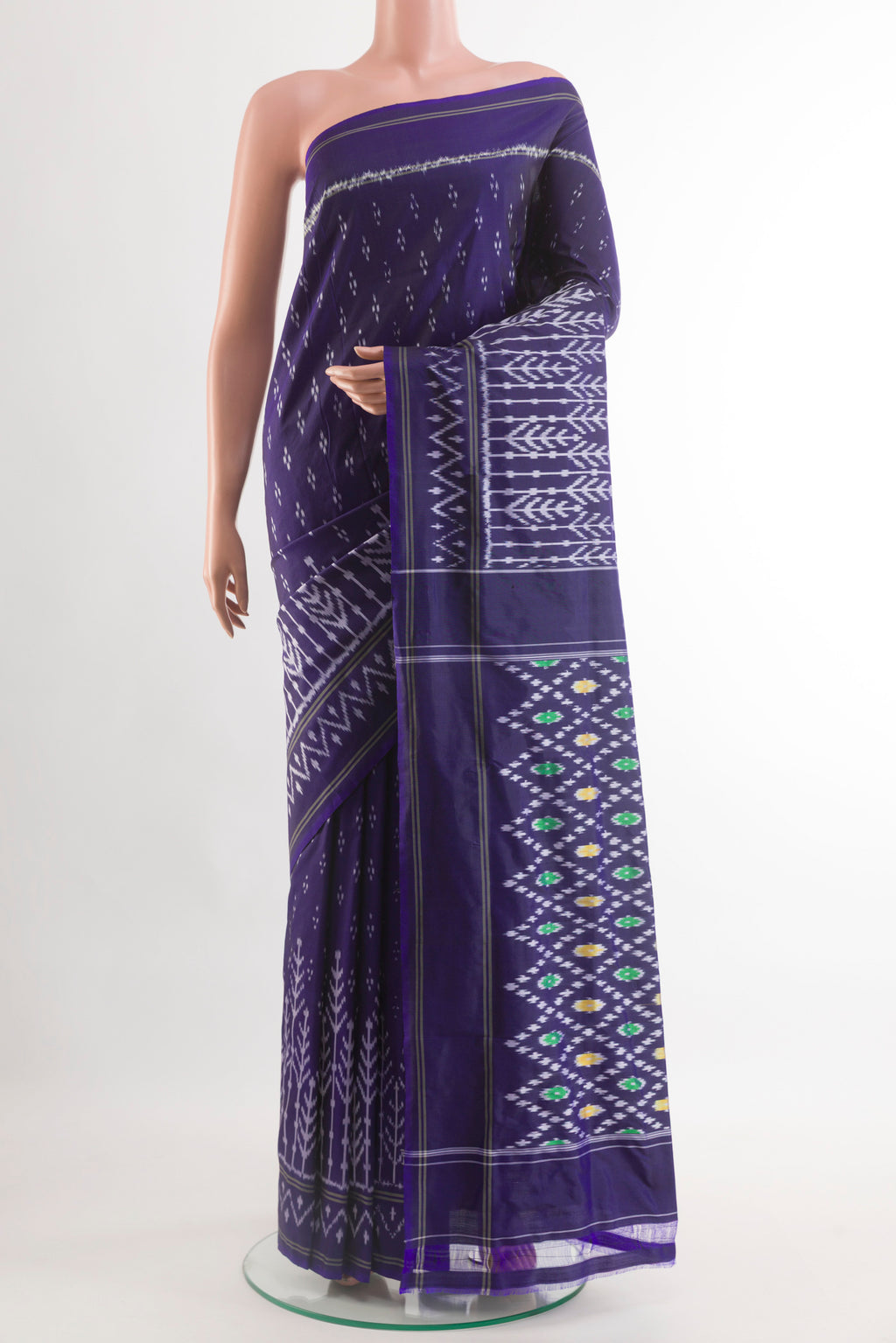 Blue Pochampally Silk Saree with Pure Ikat on the body and Zari Border.  displayed on a mannequin