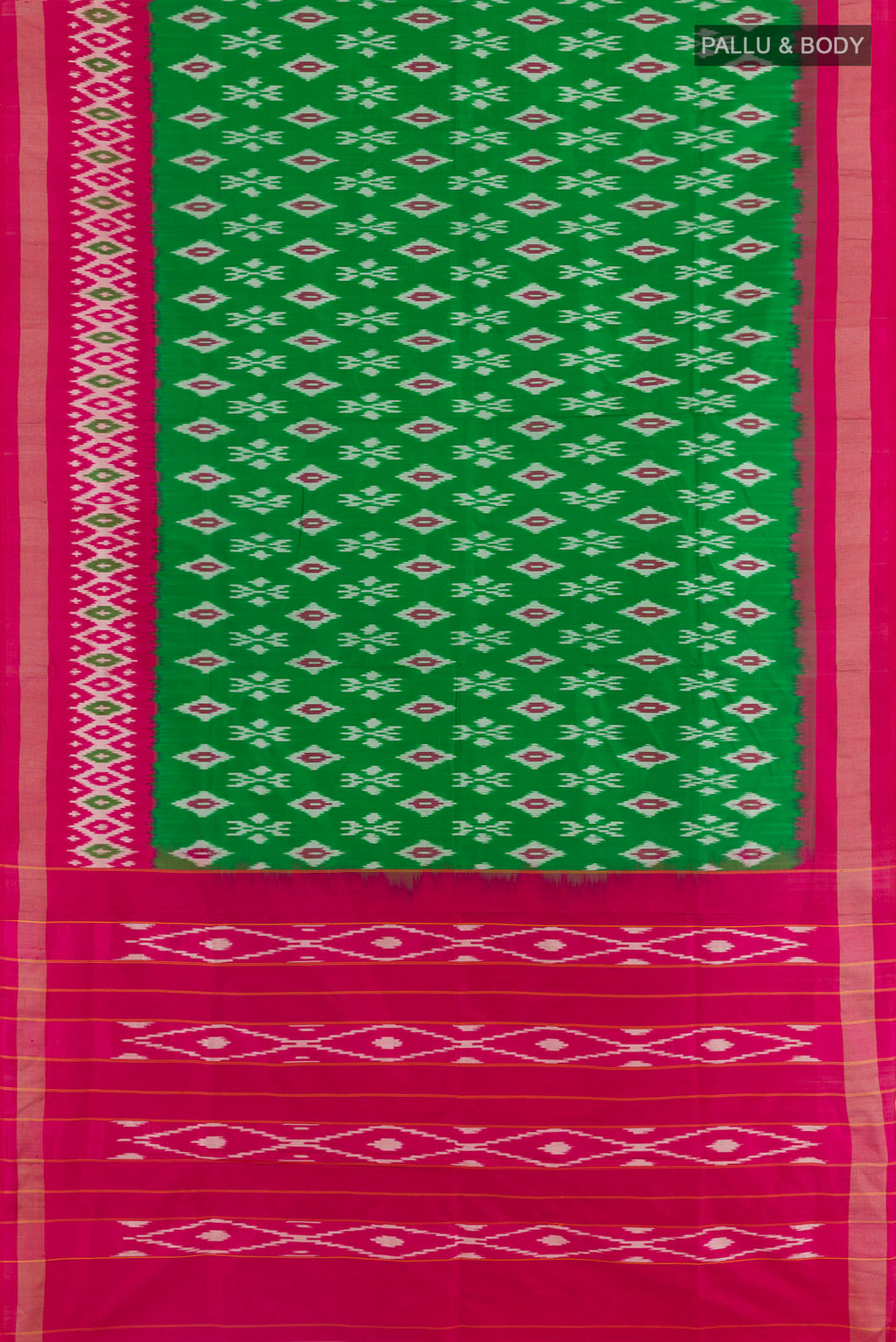 Flat view of Green Pochampally Silk Saree with Pure Ikat on the body and Zari Border. 