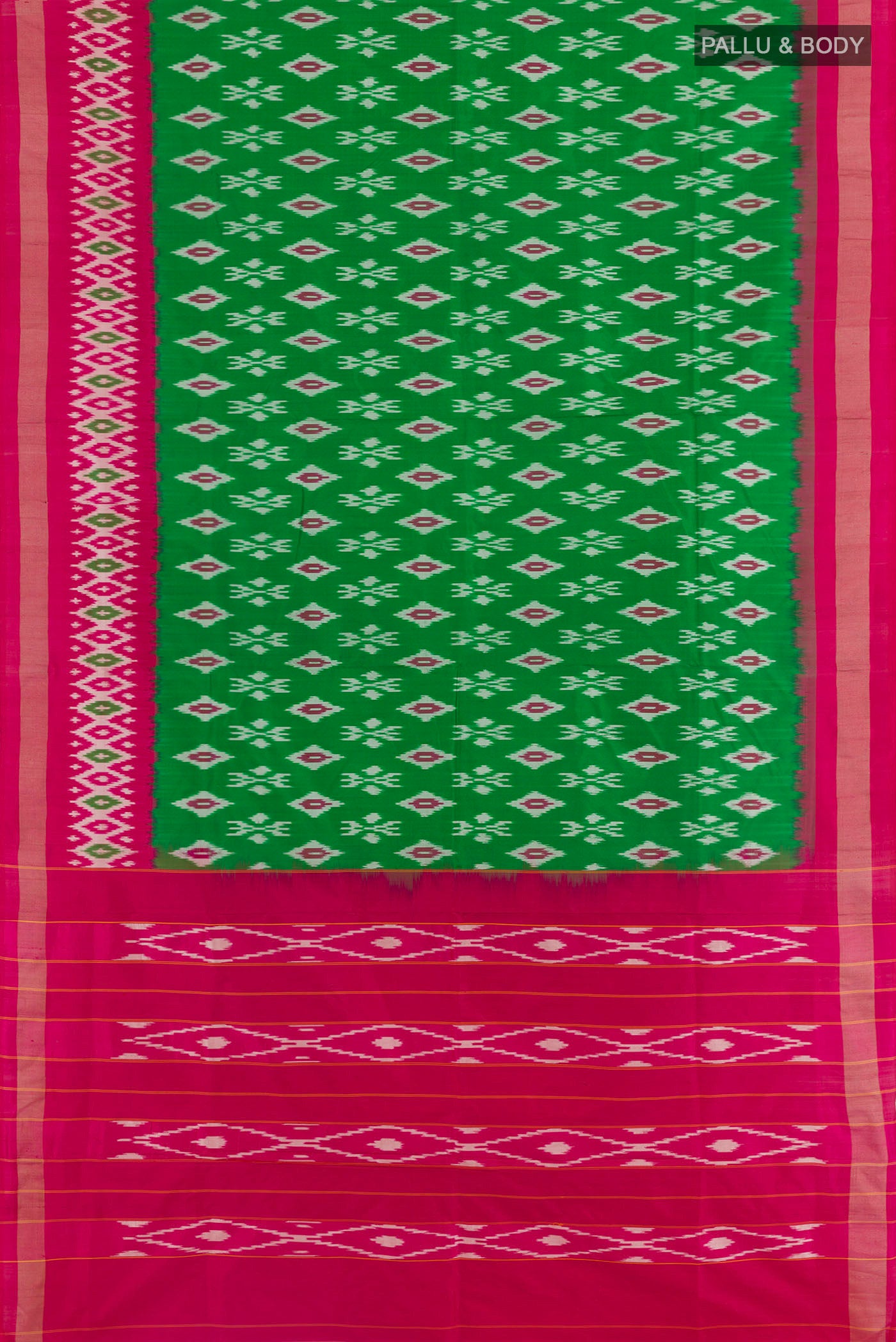 Flat view of Green Pochampally Silk Saree with Pure Ikat on the body and Zari Border. 