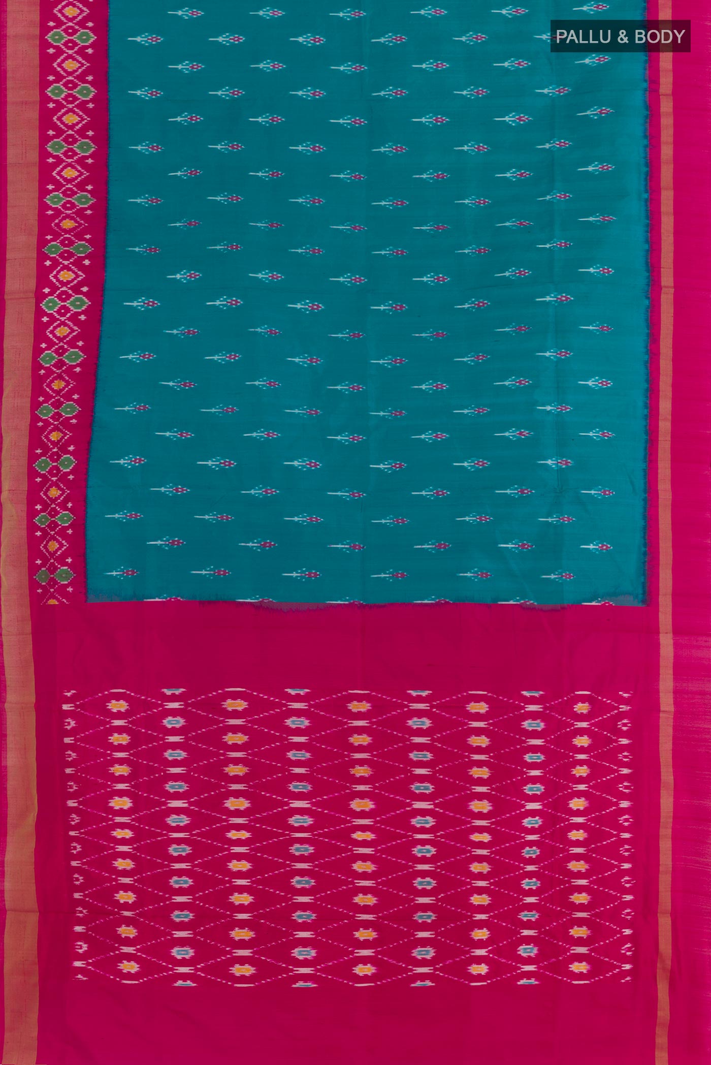 Flat view of Blue Pochampally Silk Saree with Pure Ikat on the body and Zari Border. 